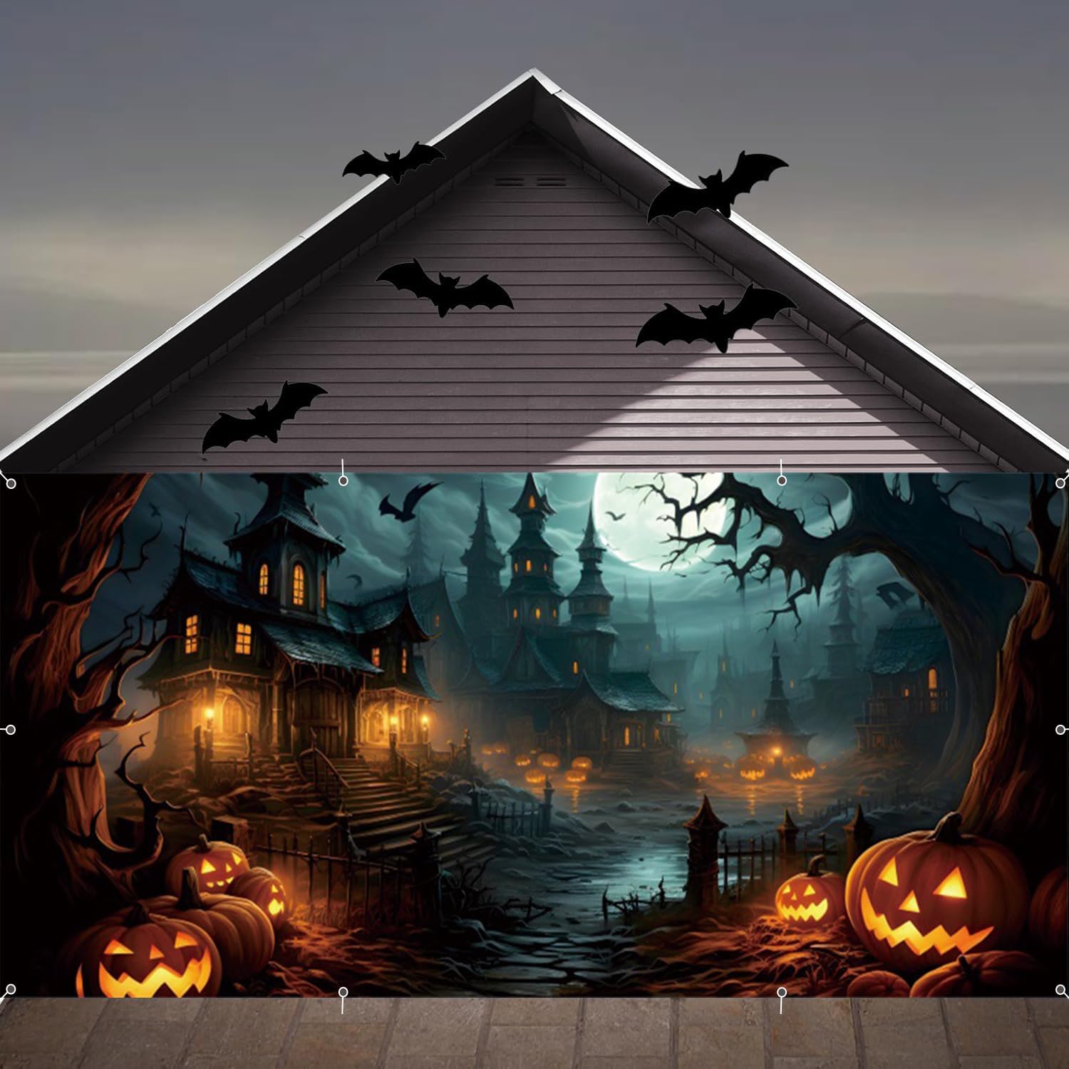 Halloween Garage Door Cover Decorations Banner,Scary Halloween Backdrop Banner,Large Hanging 2 Car Garage Door Cover,Horror Forest Spooky Castle Backdrop Wall Decor for Outdoor Holiday Decorations 7x16ft