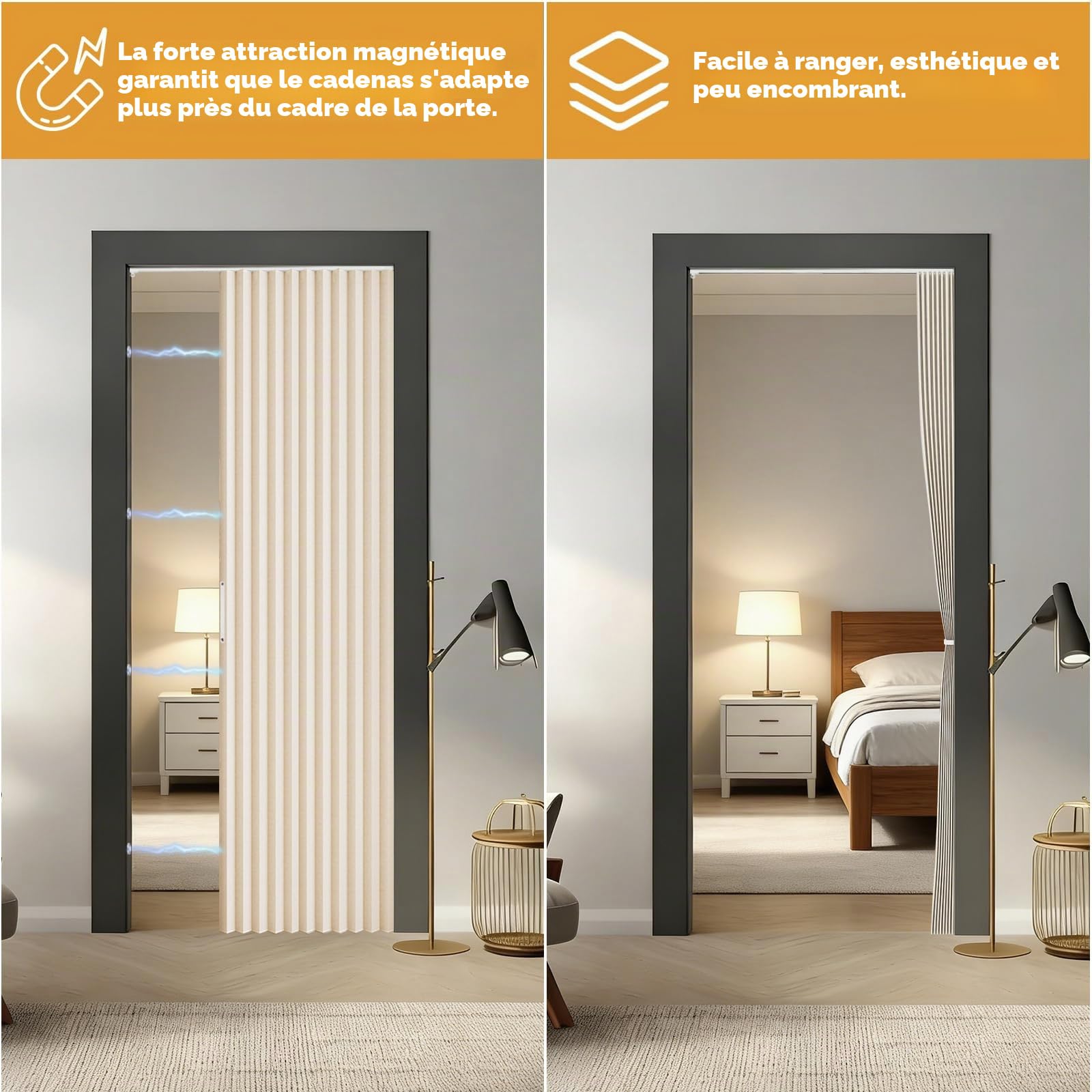 Rideau de porte magnétique - 120 x 200 cm - Pliable - Occultant - Porte intérieure pliante - Sans perçage - Avec rail adhésif - Crochets - Pour armoires, salle de bain, chambre à coucher, salon