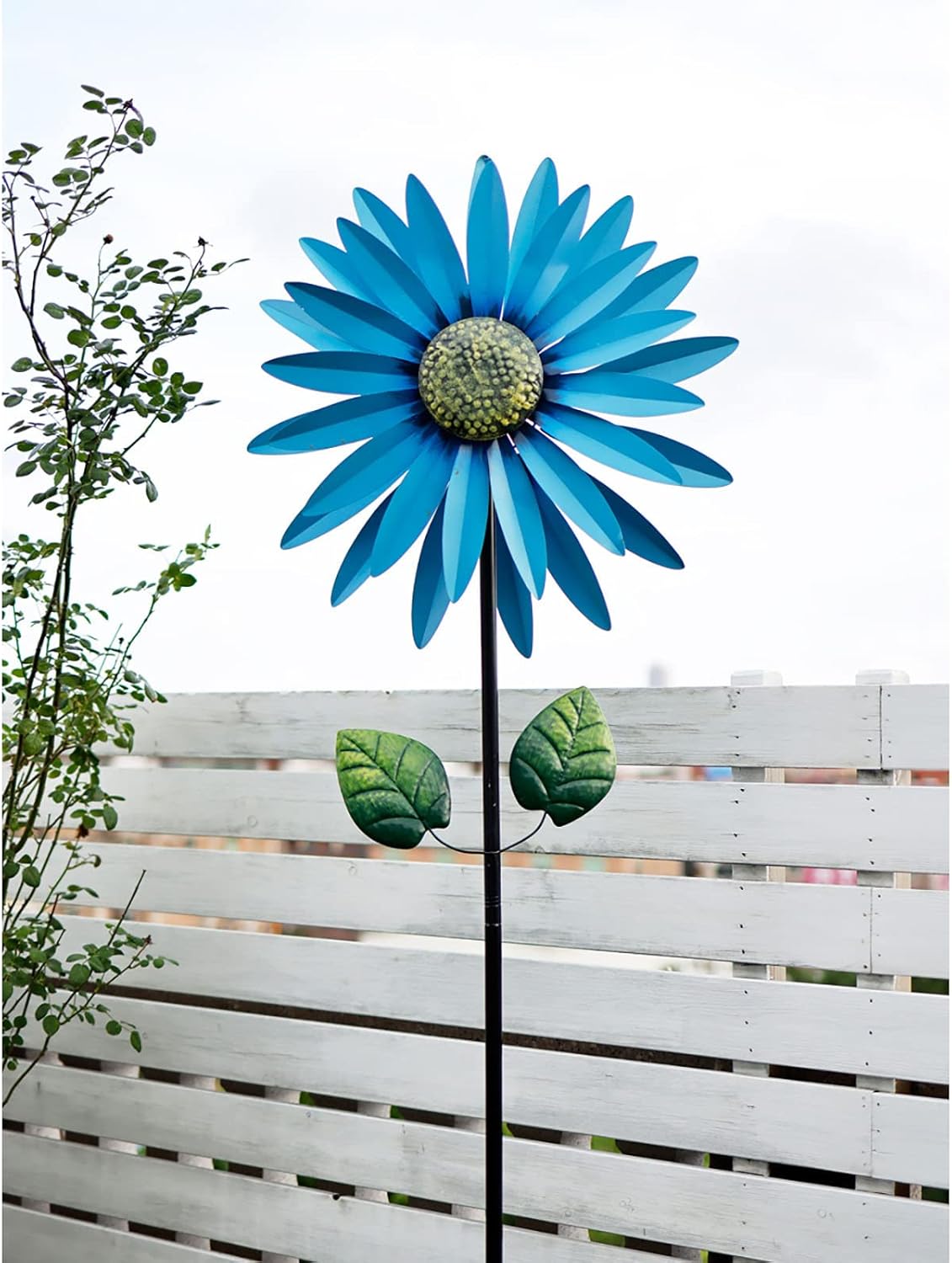 Outdoor Patio Decor, Flower Garden Wind Spinner Large Metal Decor Wind Sculpture for Yard Garden Ornament Windmill Spike,Yellow 2M,Blue 2m