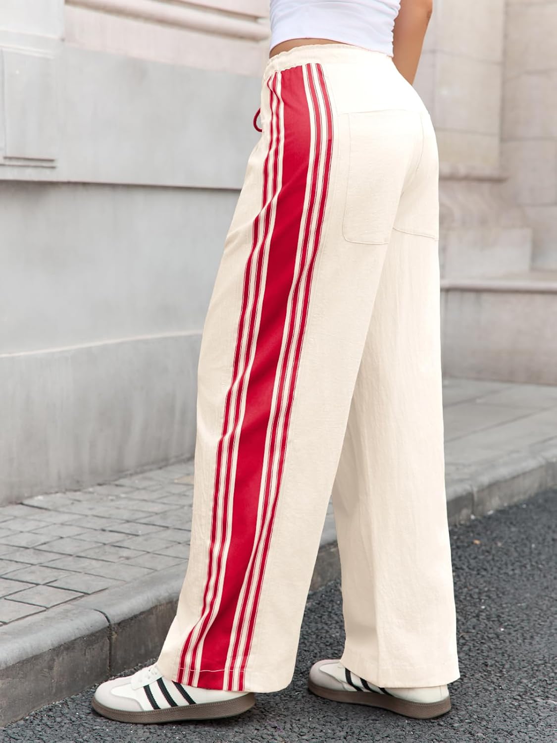 Fisoew Womens Wide Leg Pants Drawstring High Waisted Striped Baggy Palazzo Track Pants with Pockets - Image 3