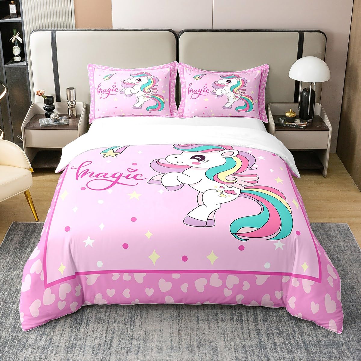 Lovely Unicorn 100% Cotton Duvet Cover Colorful Stripes Cute Wild Animal Bedding Set for Kids Girls Teens Pink Hearts Cartoon Stars Dreamy Comforter Cover with 1 Pillowcase(No Comforter) Twin Size