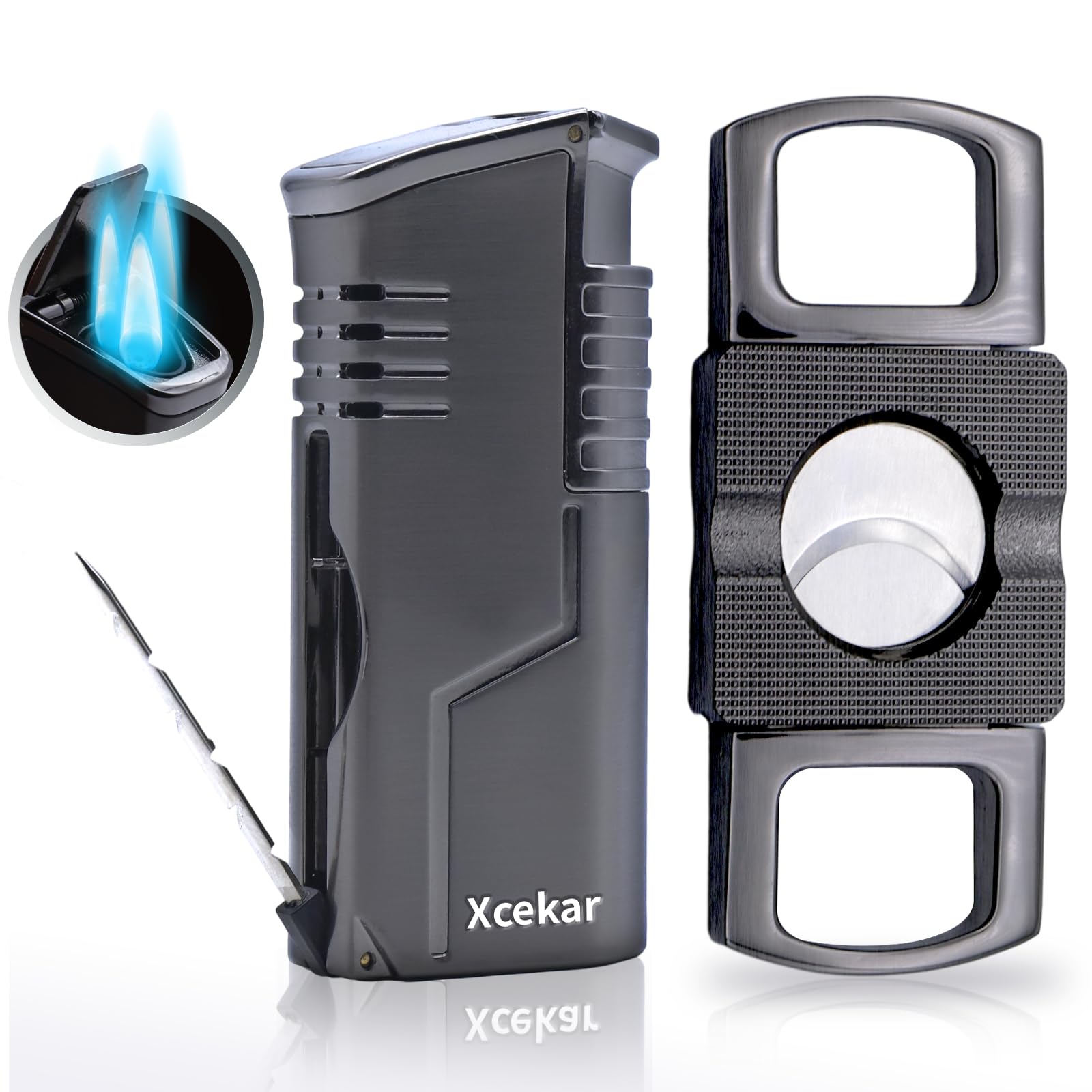 Triple Torch Cigar Lighter and Cigar Cutter Set, Cigar Punch, Cigar Holder & Cigar Draw Enhancer, Multifunctional Cigar Accessories, Windproof Butane Refillable All in one Lighter for Cigar Gift