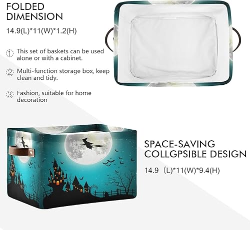 Miniatura 3 de AUUXVA Cesta de almacenamiento de Halloween, bruja, luna, castillo, caja de almacenamiento, caja de almacenamiento de lona duradera plegable para
