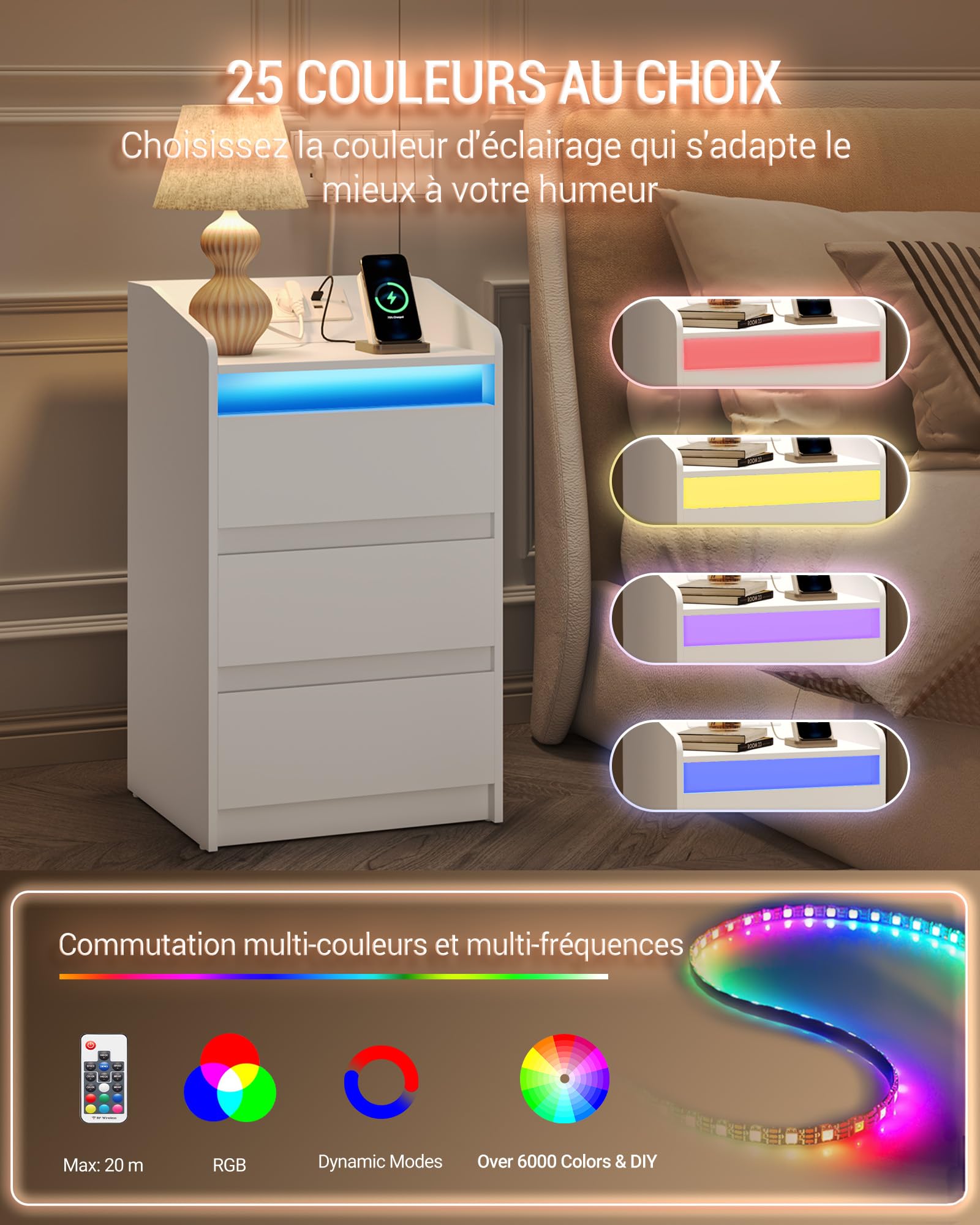 Hzuaneri Table de Chevet avec 3 Tiroirs, Table d'Appoint avec Station de Charge et LED, 2 Prises CA et 2 Ports USB pour Chambre à Coucher, Salon, Blanc NS40003X
