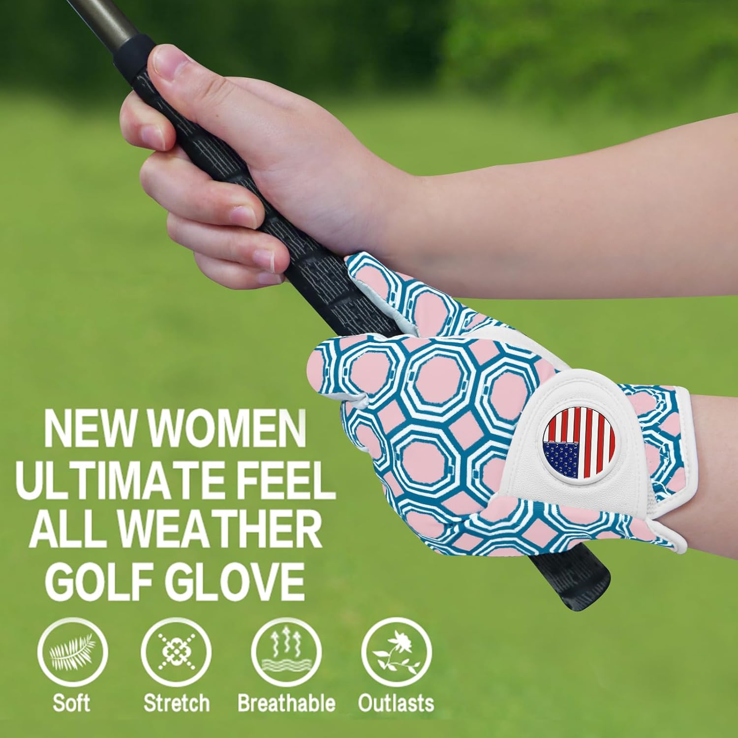 Amy Sport Womens Golf Glove with Ball Marker Rain Left Right Hand Leather Printed Pack, Ladies Golf Gloves All Weather Grip Breathable Soft Size Small Medium Large XL - Image 3