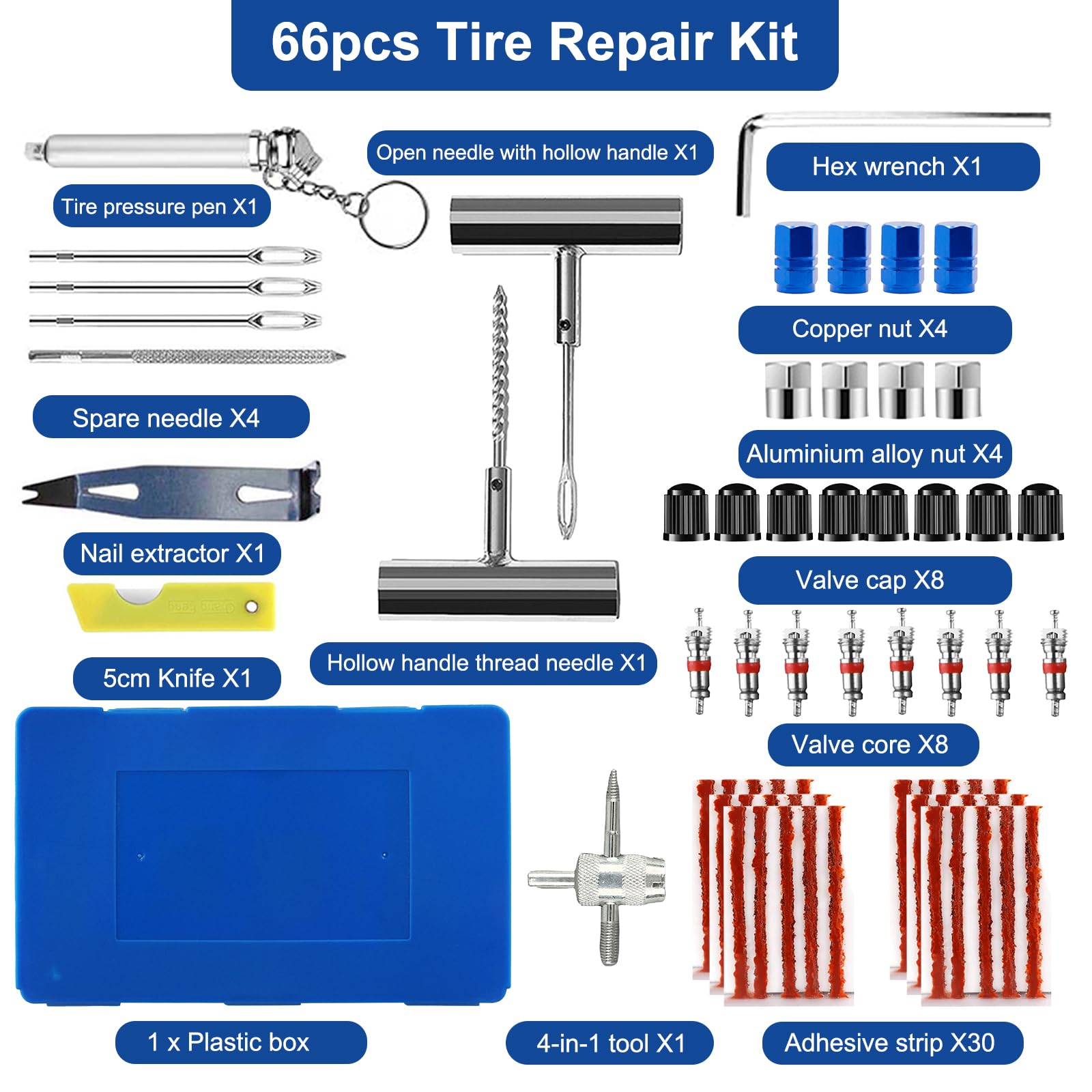 Kit Riparazione Pneumatici 66 Pezzi - Per Auto, Moto, Camion, ATV, Con Penna Pressione, Heavy Duty - Foto 3