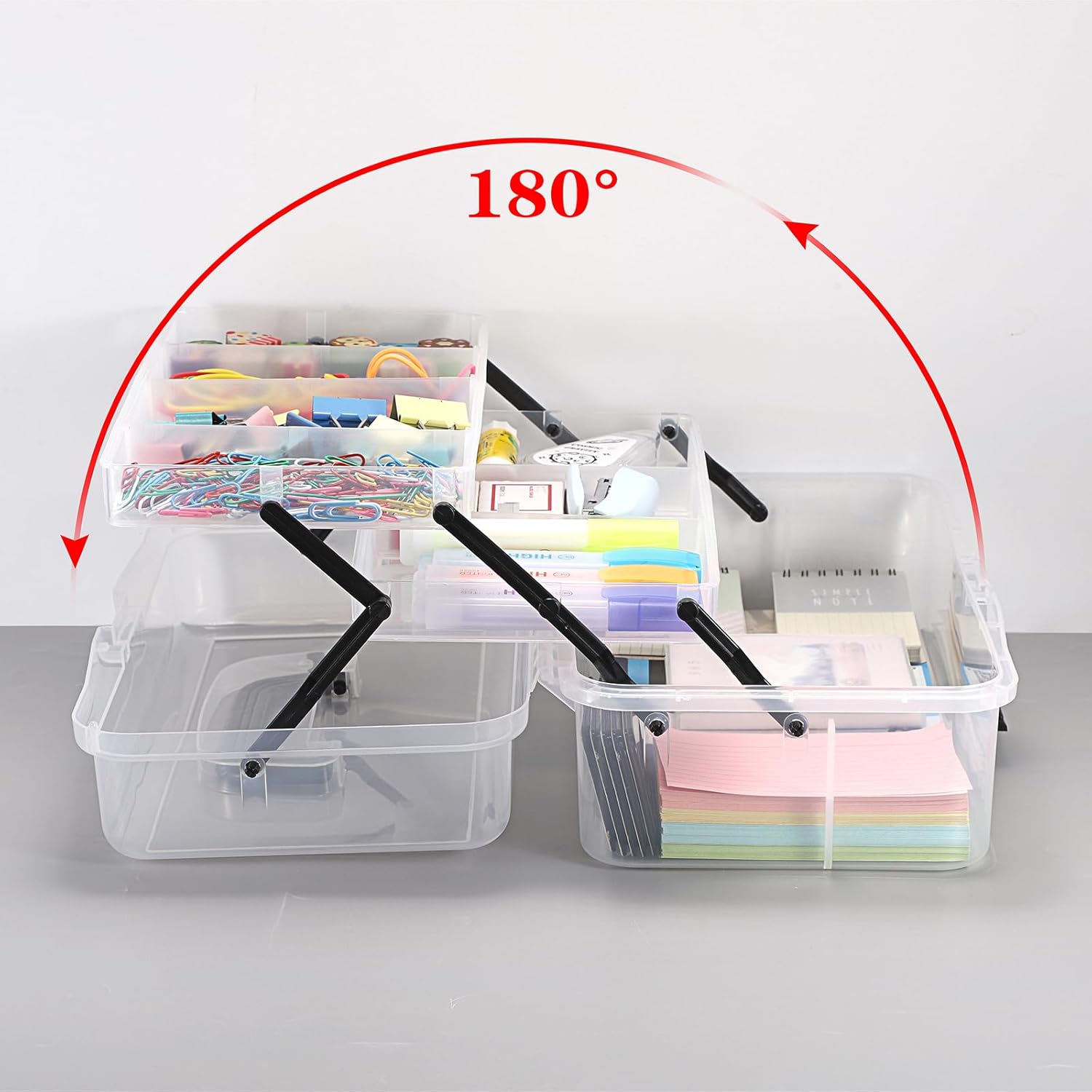 BTSKY 3-Layer Clear Plastic Dividing Storage Box Craft Organizer and Storage with Adjustable Spacers Portable Handled Art Supply Organizer Multipurpose Home Utility Box Sewing Organizers(Clear+Black)