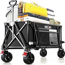 Overmont Collapsible Wagon Cart with Wheels - 180L Foldable Heavy Duty Wagon with Big All-Terrain Wheels - 330Lbs Weight Capacity with Side Pockets for Camping Sports Garden Grocery Shopping Black