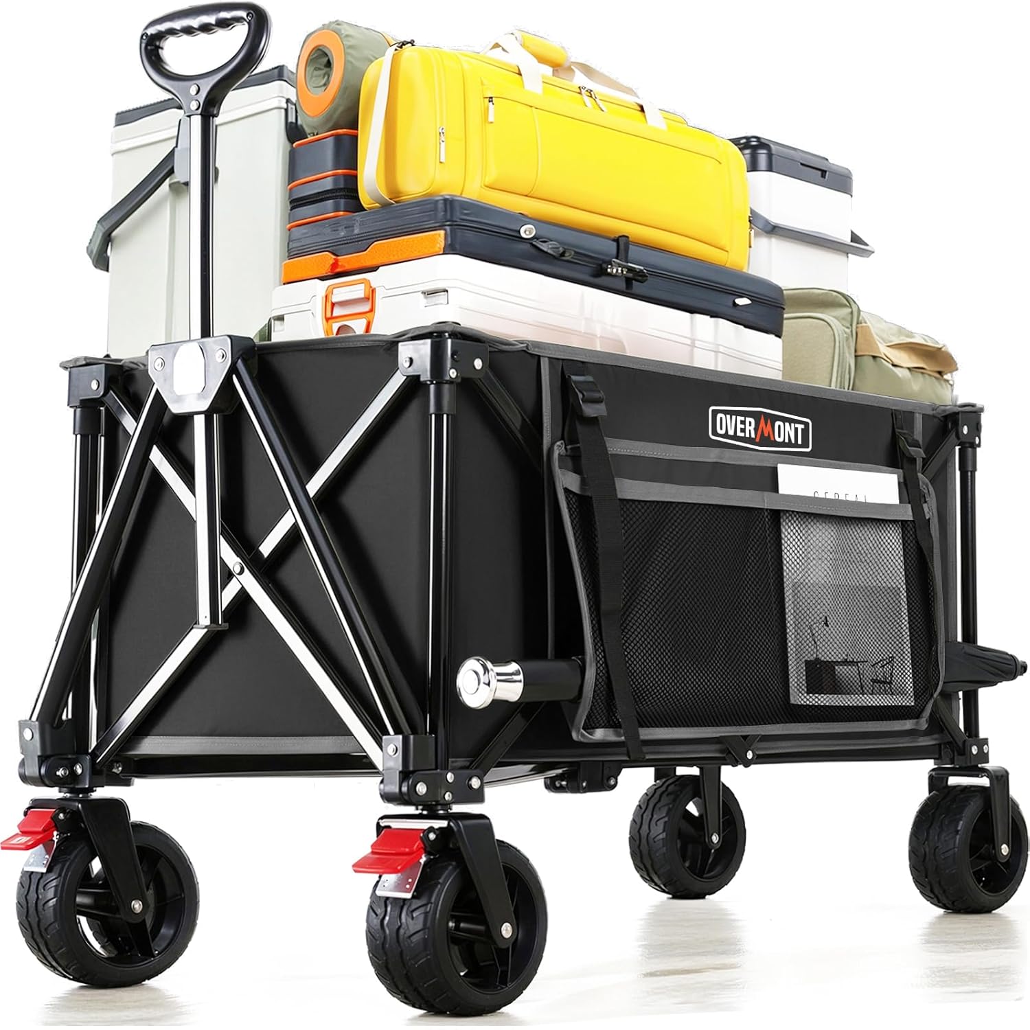 Overmont Faltbar Bollerwagen Klappbar Handwagen - Alle Gelände Breite Räder - 150L mit Seitentaschen Getränkehalter Verstellbarem Griff - bis 150 kg Tragkraft - für Camping Sport Einkaufen Grün
