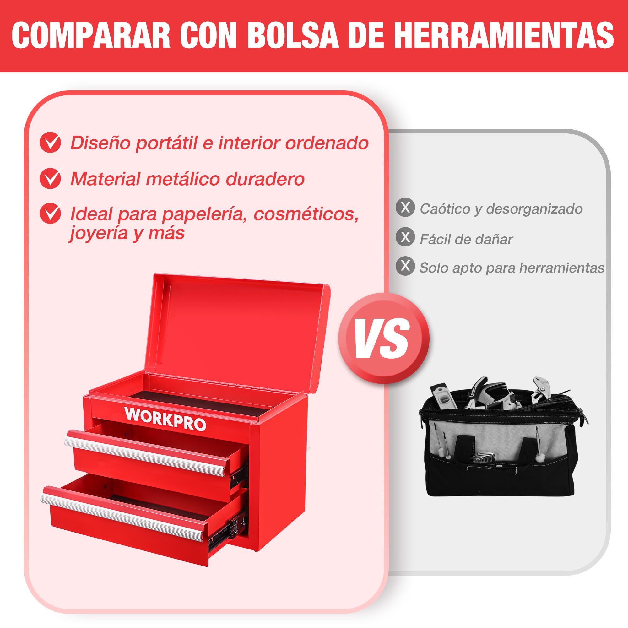 WORKPRO Caja de Herramientas Metálica con 2 Cajones, Organizador Pequeño con Cerradura, Ideal para Guardar Herramientas, Material de Oficina, Joyería y Accesorios en Hogar o Taller - Rojo