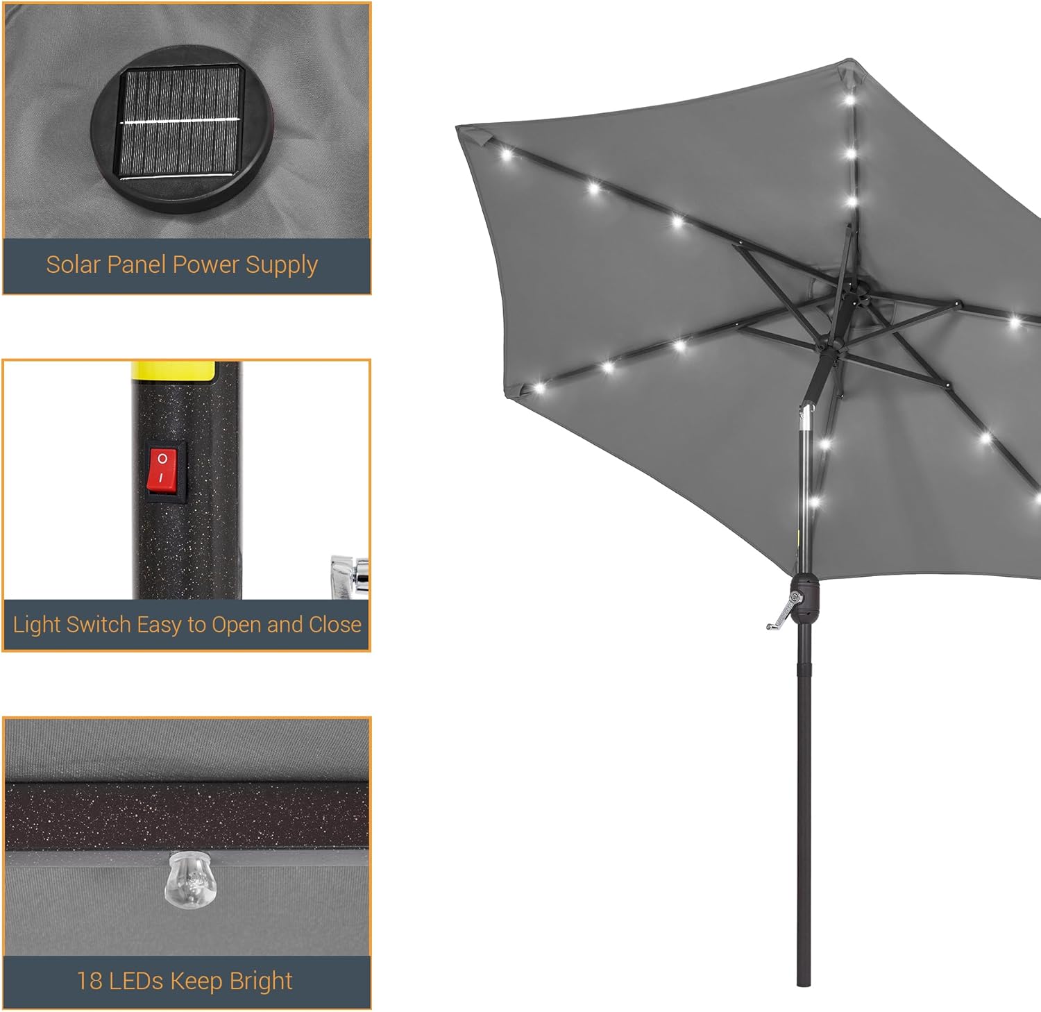 7.5ft Solar Patio Umbrella, Steel umbrella outdoor patio with Tilt and Crank, Waterproof Sunshade Canopy, 6 Ribs Outdoor Umbrella for Garden Deck Backyard Pool,Taupe