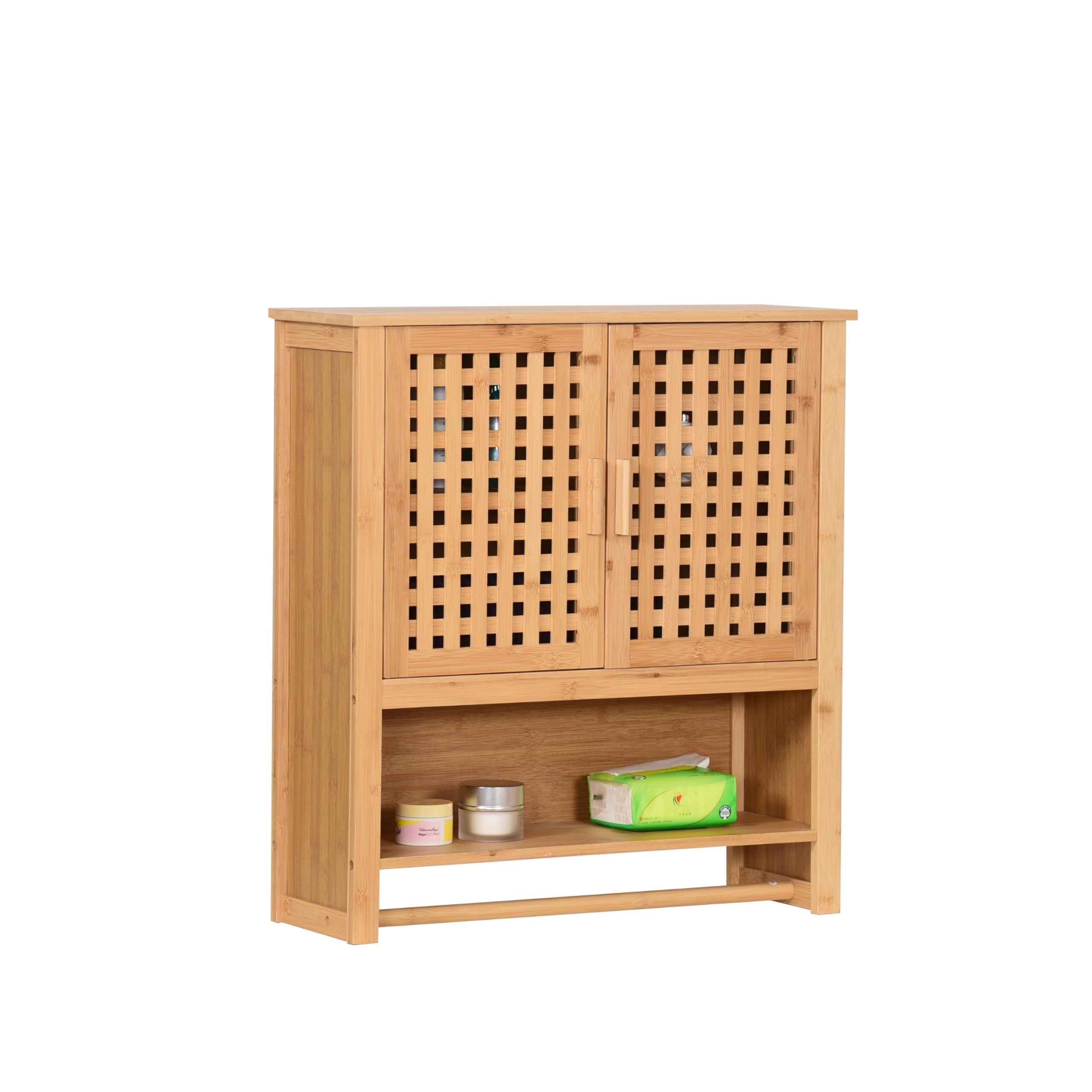 Hängeschrank aus Bambus fürs Badezimmer Wandschrank mit 2 Türen Handtuchhalter & Ablage Badschrank mit Regalfächern Platzsparend 66x62x20cm Natural (Land)