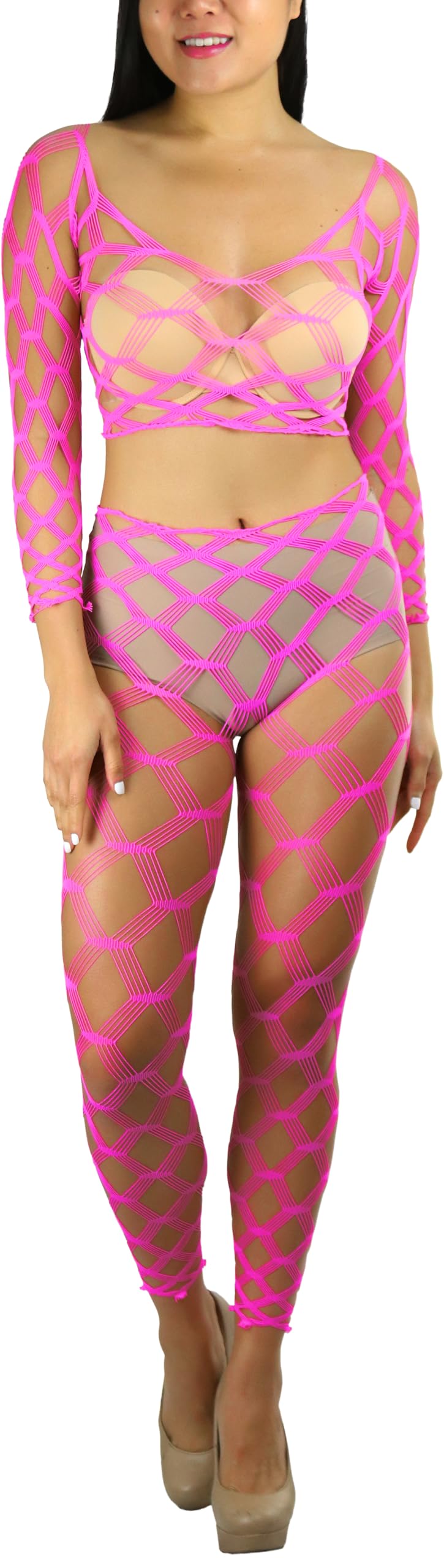 ToBeInStyle Women's Spandex Multi Net Fishnet Set Rave Novelty Party Crop Top &amp; Tights