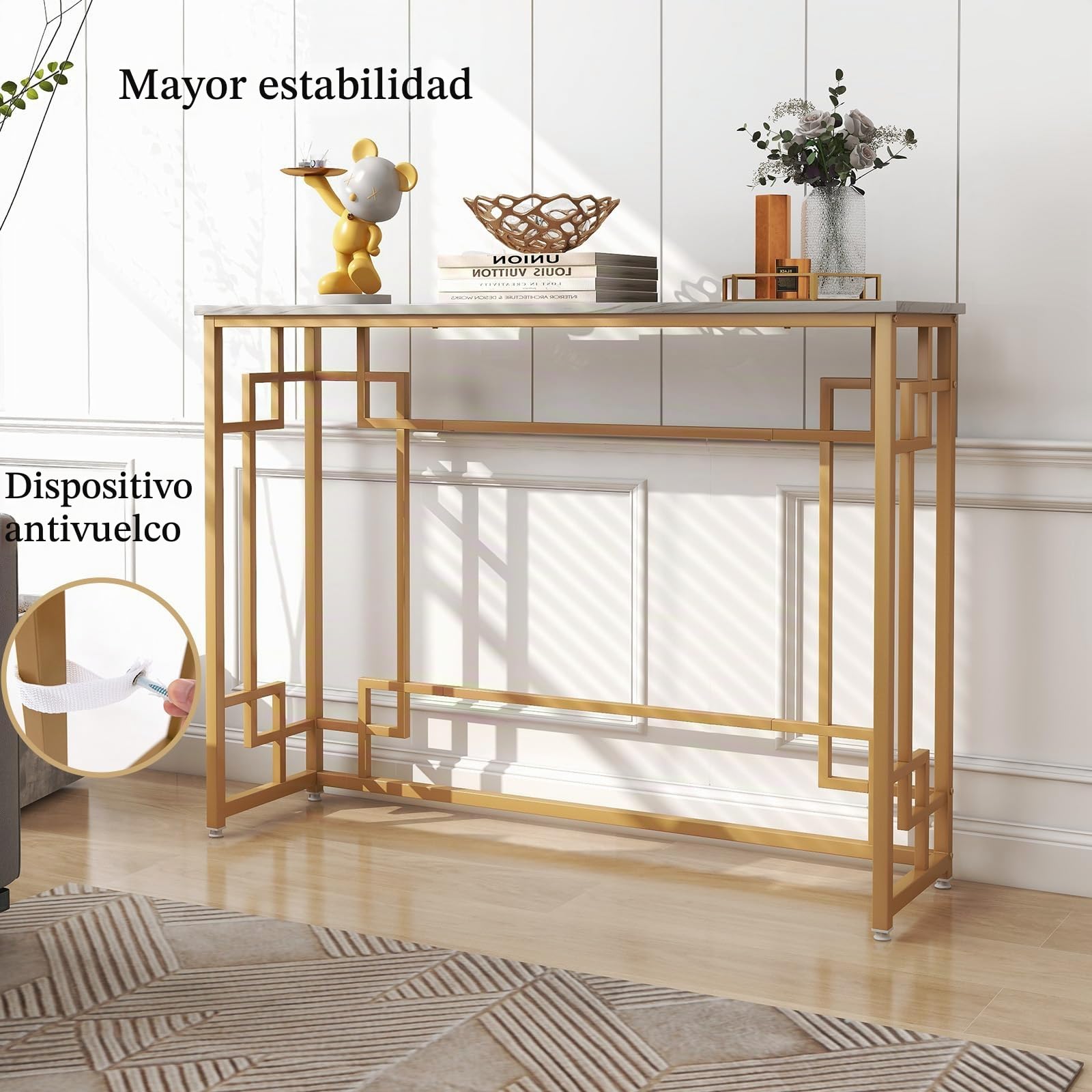 LIFEZEAL Mesa Consola Moderna, Efecto Mármol, Mesa de Entrada de Estructura Metálica, Pies Ajustables, Ahorra Espacio, para Pasillo, Salón, Entrada, MAX 30kg, 110x30x81cm, Dorado