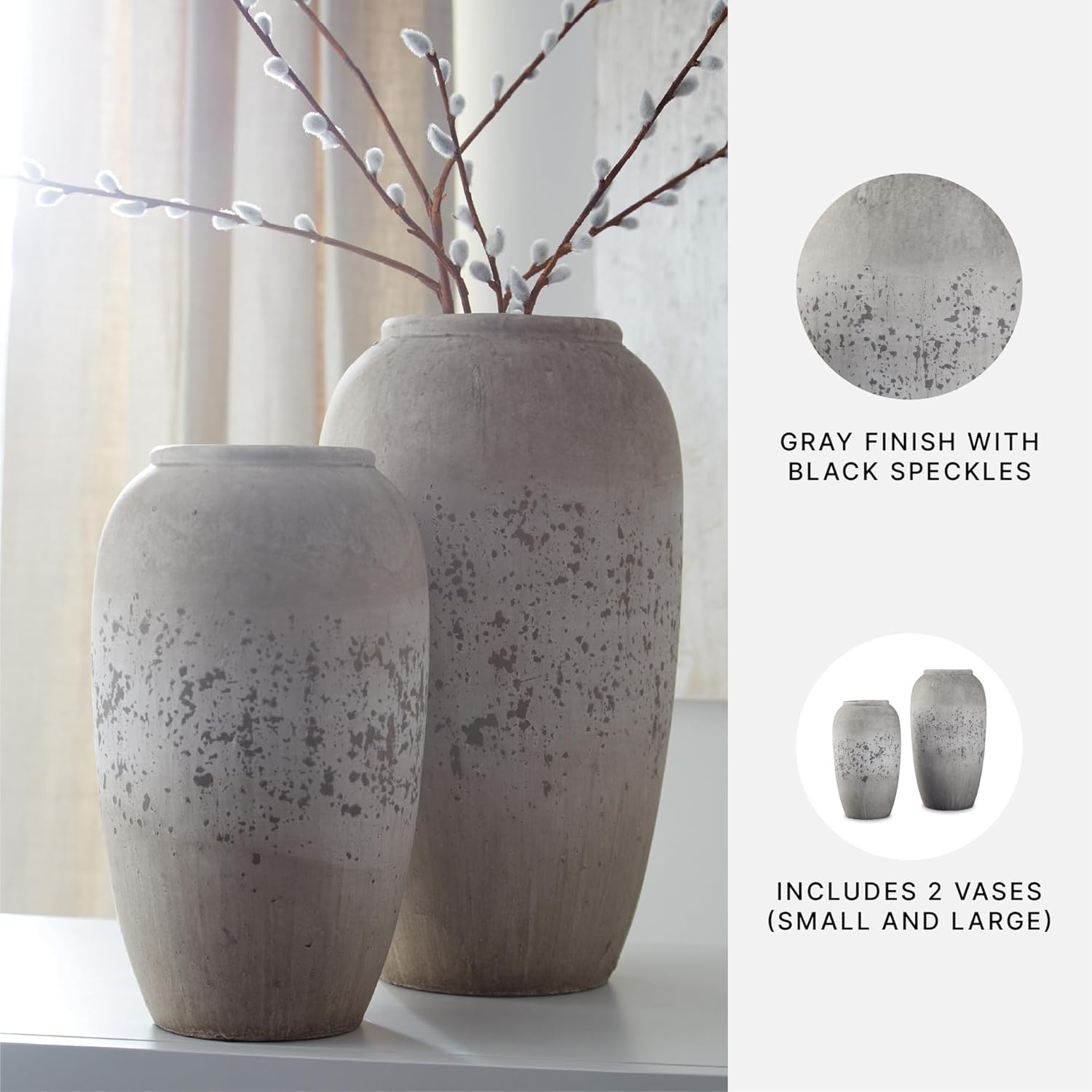 Signature Design by Ashley Dimitra Painted Ceramic 2 Piece Decorative Vase Set, Light Gray