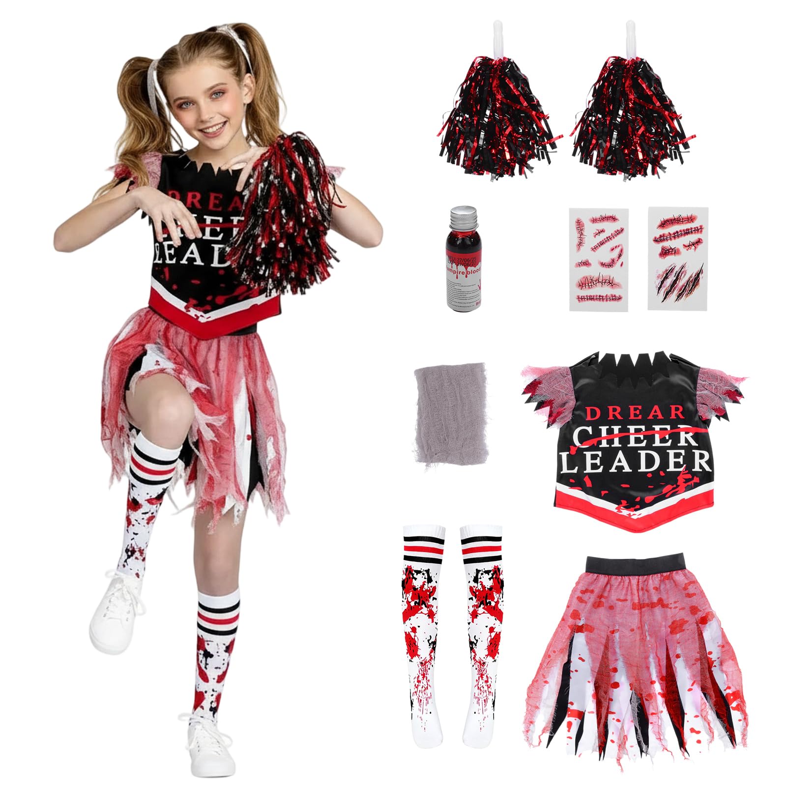 SERTAS Girl Scary Bloody Cheerleader Costume,Zombie CostumeKids,Girls Halloween Costume,Zombie Cheerleader Costumefor Halloween Dress Up Parties,Scary HalloweenCostume (White