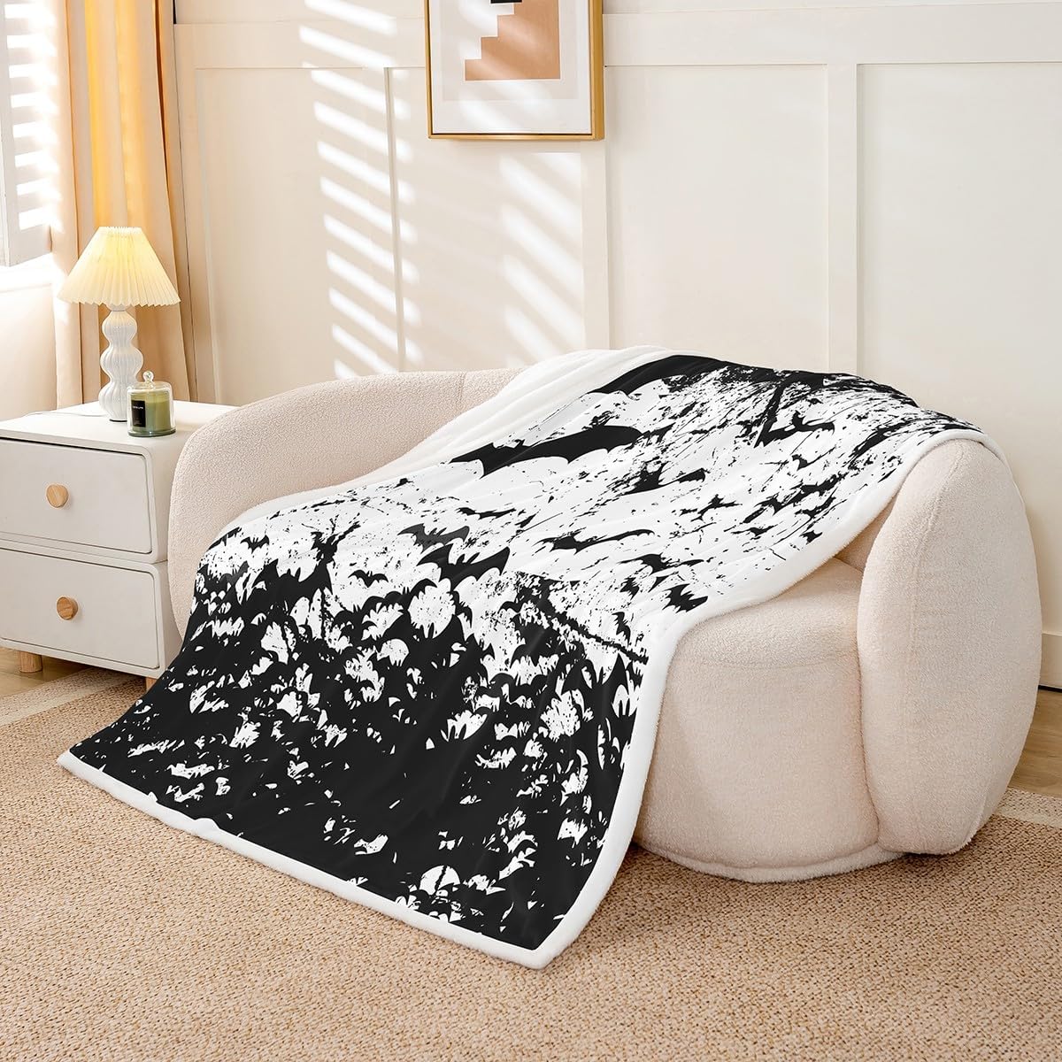 Halloween Bats Halloween Blanket Gothic Halloween Throw Blankets Black and White Fleece Blanket 90"x90",Vintage Silhouette Toddler Blanket Horror Dark Shadows Cobwebs Halloween Decorations