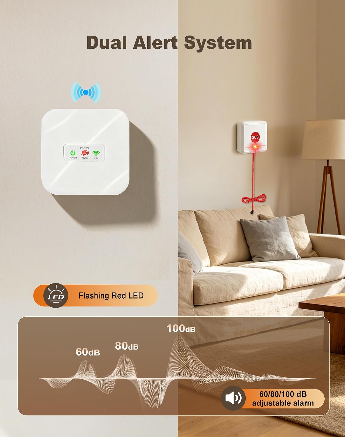 WiFi Emergency Call Light System with App Alert - Button & Pull Cord, 60/80/100dB Alarm with LED, 300ft Range, Zuomeng Waterproof Life Alert Systems for Seniors, Bathroom & Home Safety