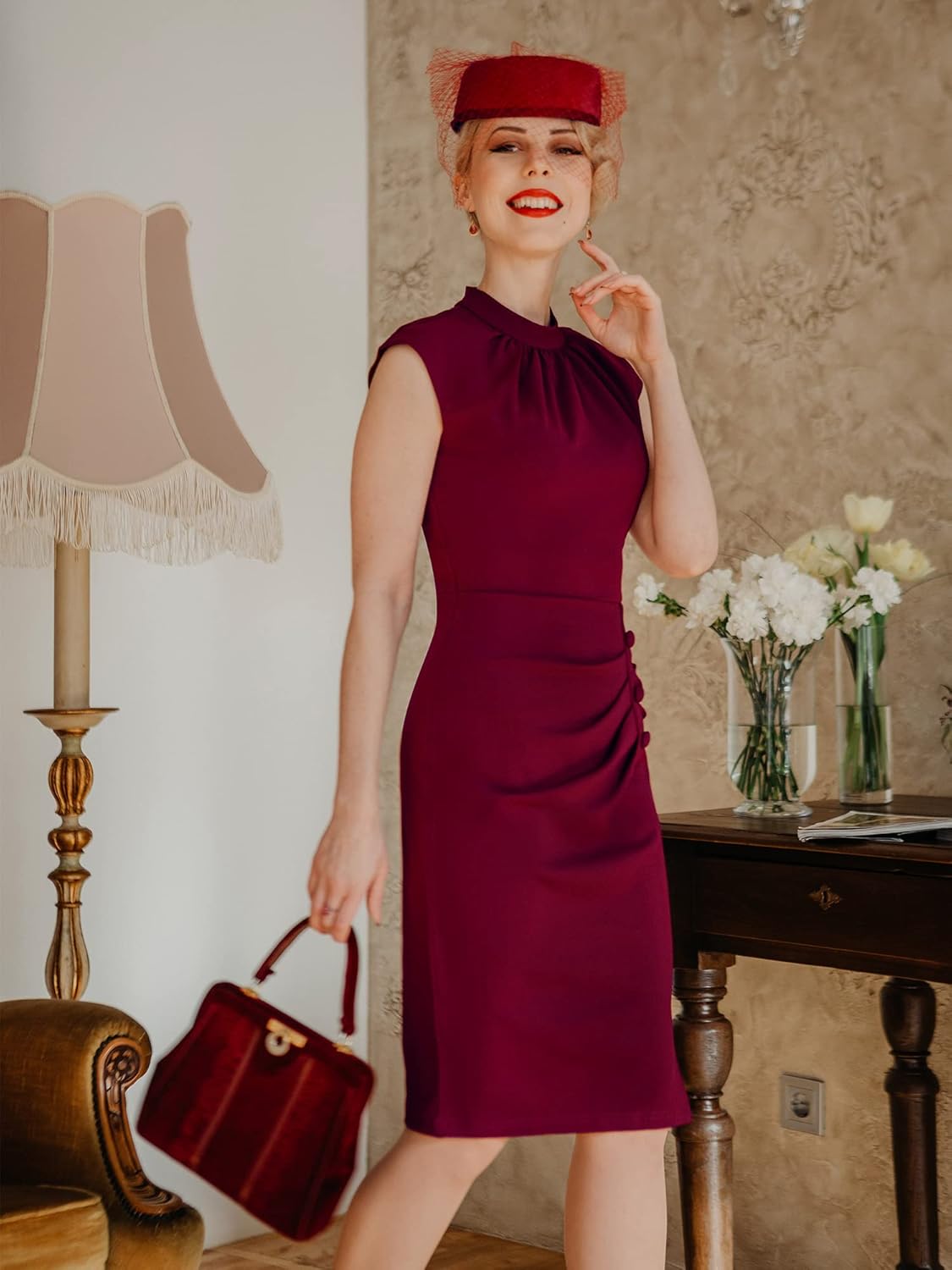 AISIZE Women's Retro Half Collar Ruched Slim Cocktail Pencil Dress - Image 2