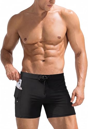 Ekouaer Mens Square Cut 5" Swim Trunks Swim Briefs with Liner Summer Beach Short Swimming Surfing Trunks Black L