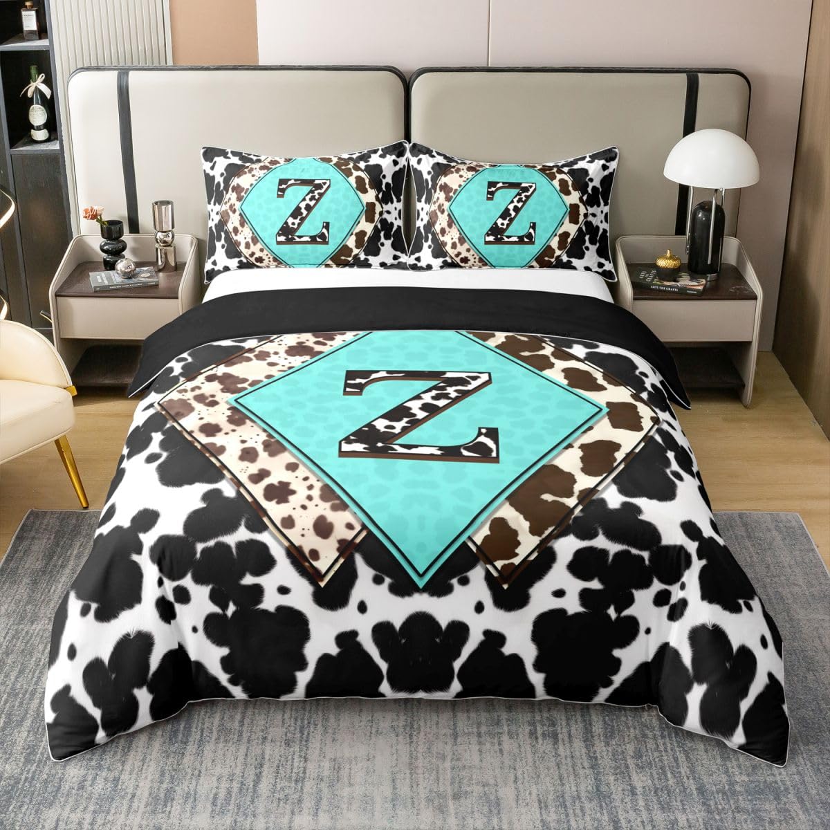 Housse de couette vache 200x200 pour une chambre d'enfant ambiance chalet western et monogramme