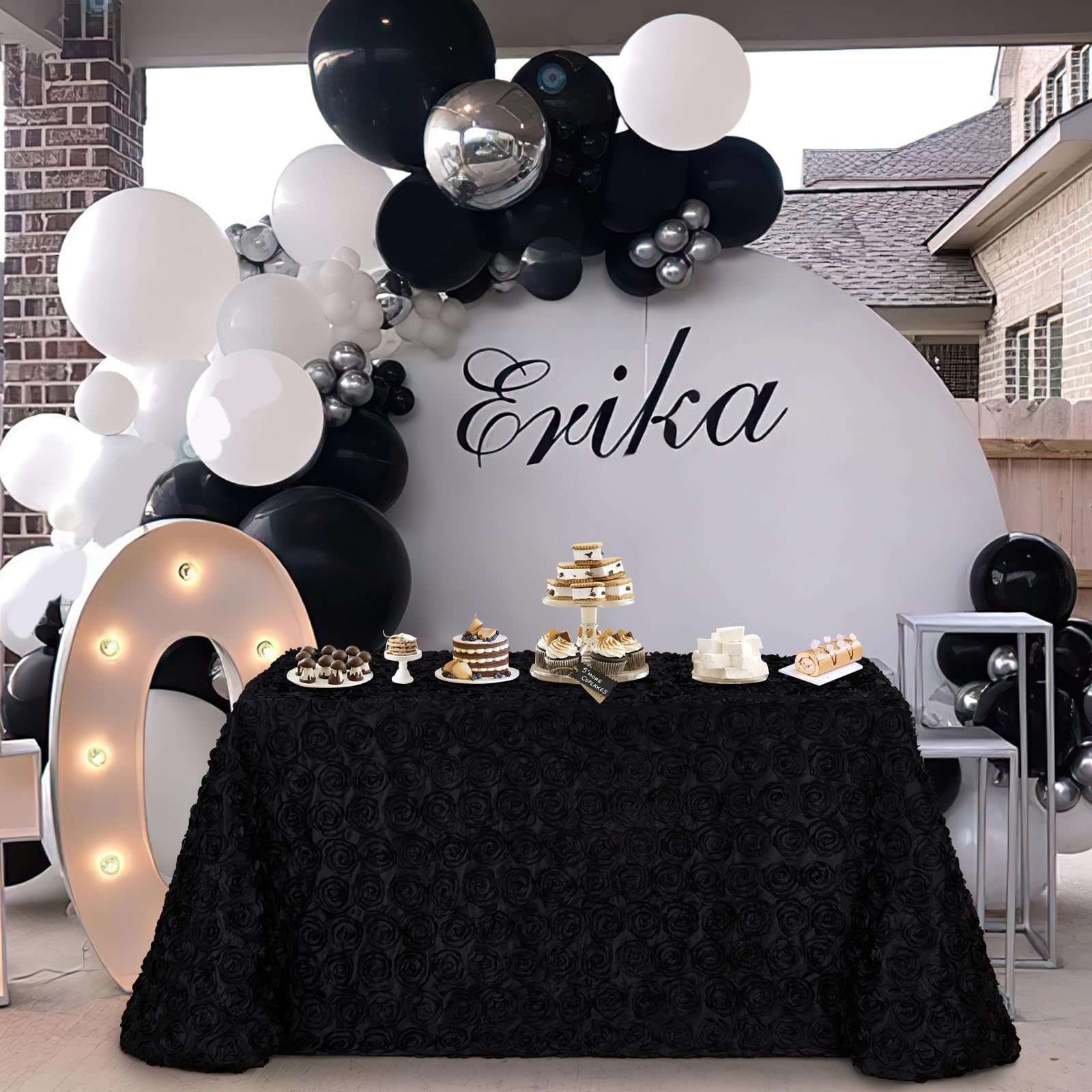 Fanqisi Schwarze Tischdecke, 228 x 332 cm, Rosette, Hochzeit, Party, Tischdekoration, rechteckig, Satin, Blumenmuster, Tischdecke für Babyparty-Dekorationen