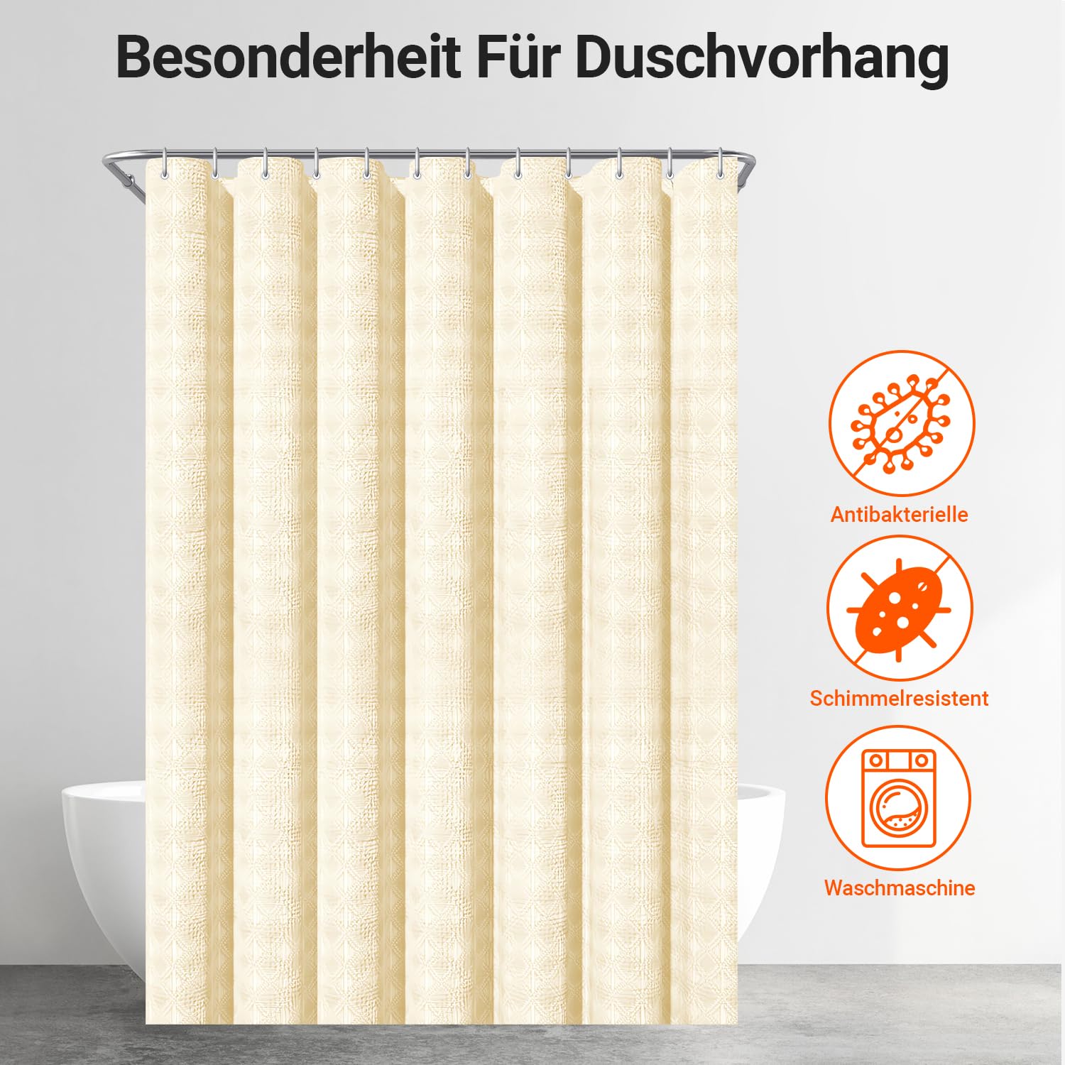 Lerores Rideau de douche 180 x 200 cm - Motif gaufre diamant - Beige - Ourlet lesté - Textile anti-moisissure - Imperméable - Lavable - Tissu polyester - Pour salle de bain, baignoire - Avec 12