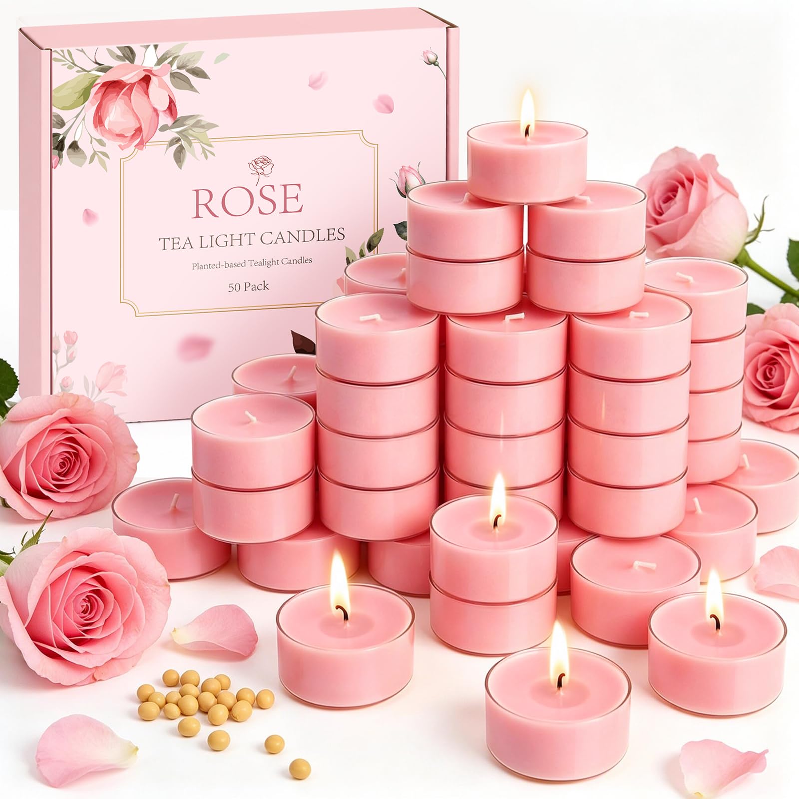 50pk Rose Scented Tea Lights-4 Hour Burn Time, Scented Candles Gift Set