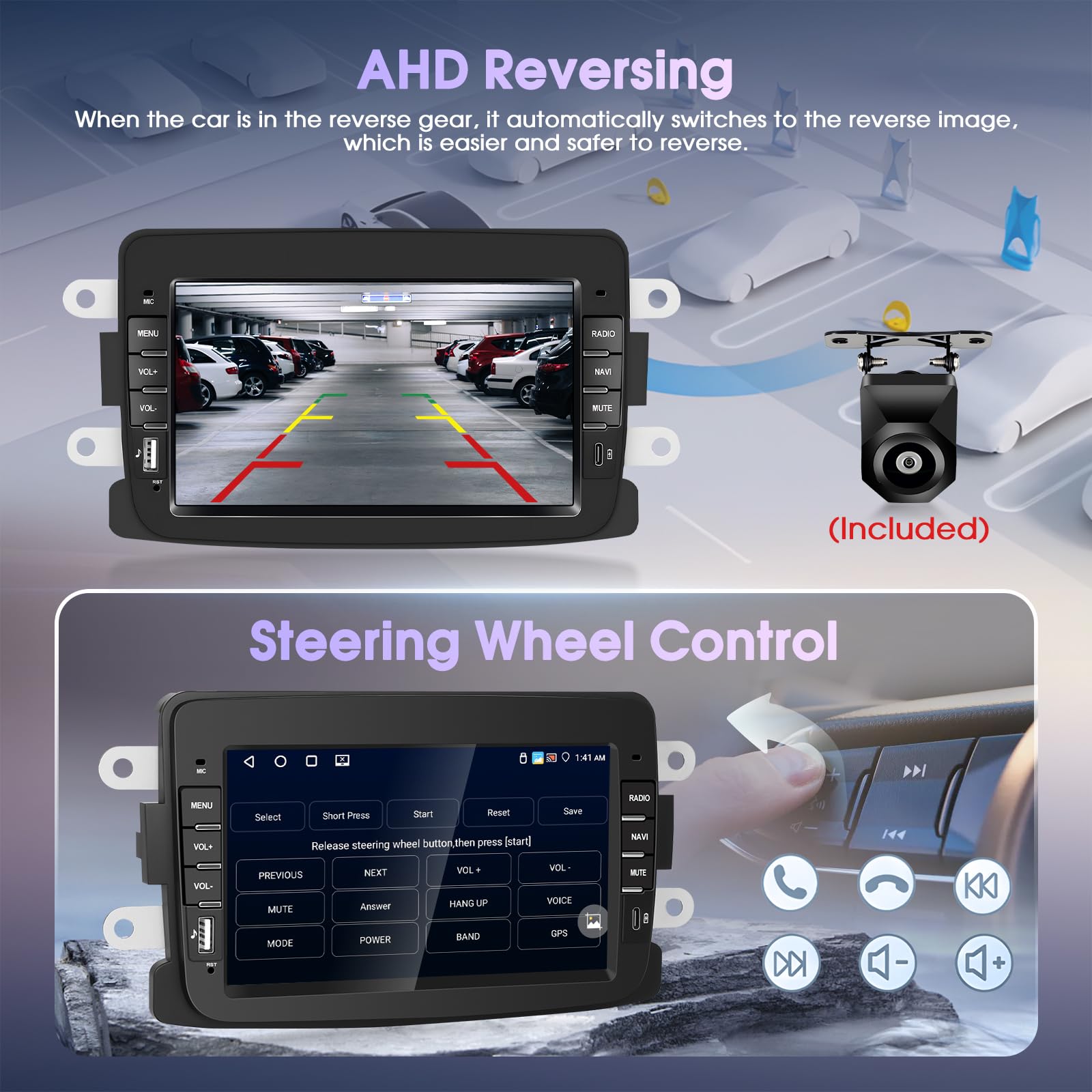 Autoradio 4+64G Android 15 per Dacia Logon Duster Captur Sandero Symbol Lodgy LadaXray, 1 DIN 7'' Stereo Radio Bluetooth 5.0 IOS Carplay Android Auto Radio EQ GPS WiFi Supporto DAB