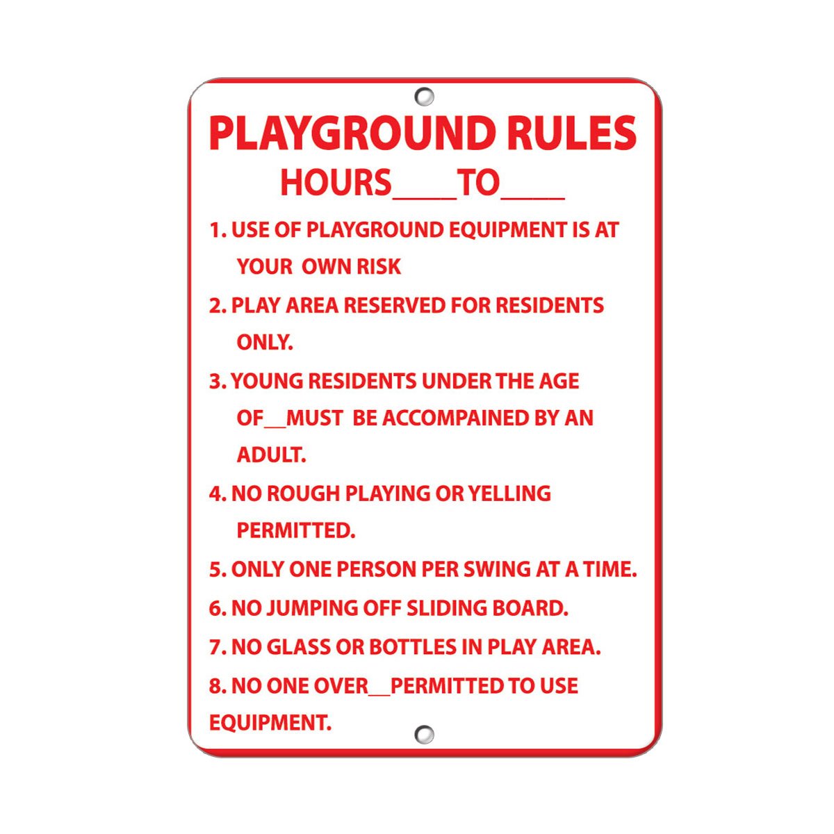 Aluminum Vertical Metal Sign Multiple Sizes Playground Rules Hours Activity Parks and Campground with Border Weatherproof Street 18x24Inches