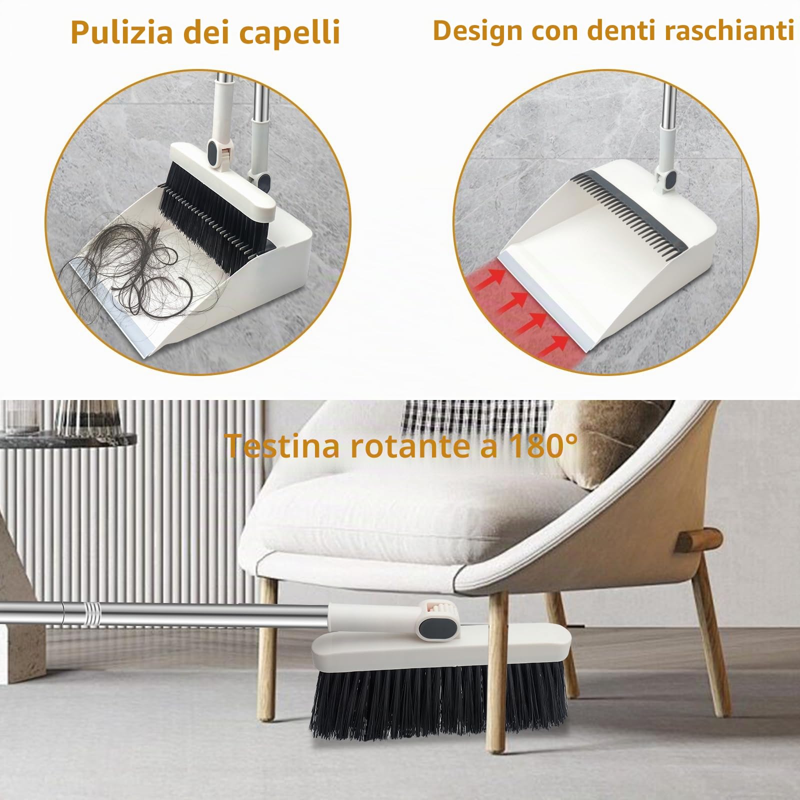 Set paletta-scopa lungo manico versatile spazzatura antivento girevole (bianco)