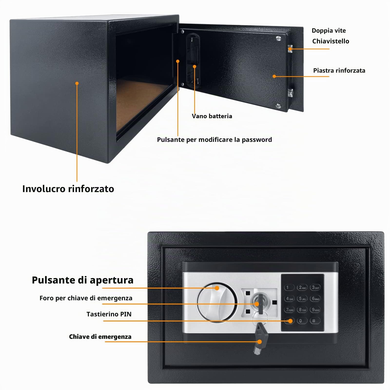 NAIZY Mini cassaforte antifuoco impermeabile con illuminazione interna box batterie chiave di sicurezza allarme acciaio mobile 12L nero+argento