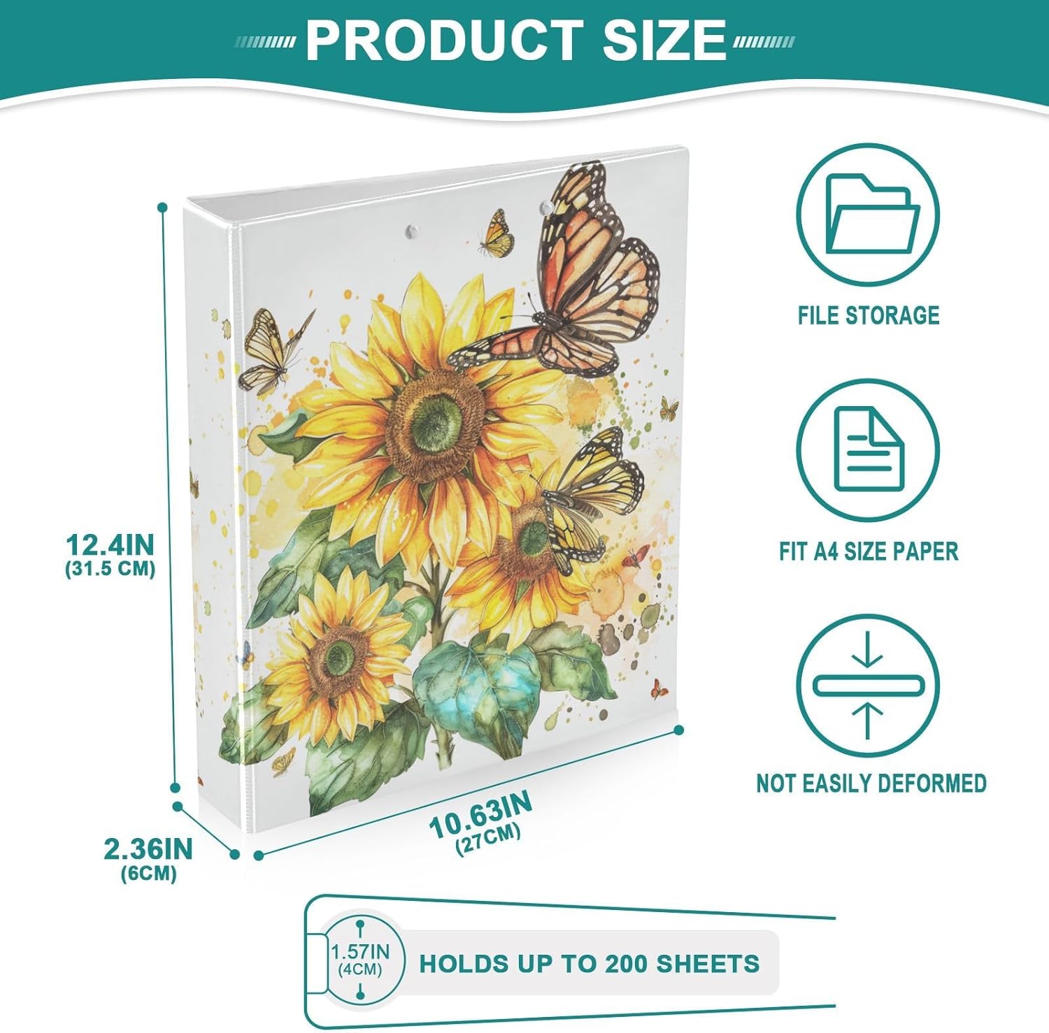 JIPONI 3 Ring Binder Sunflowers & Butterflies 1 Inch Round Binders for Men Women Students, Cute File Organizer for Office Home School