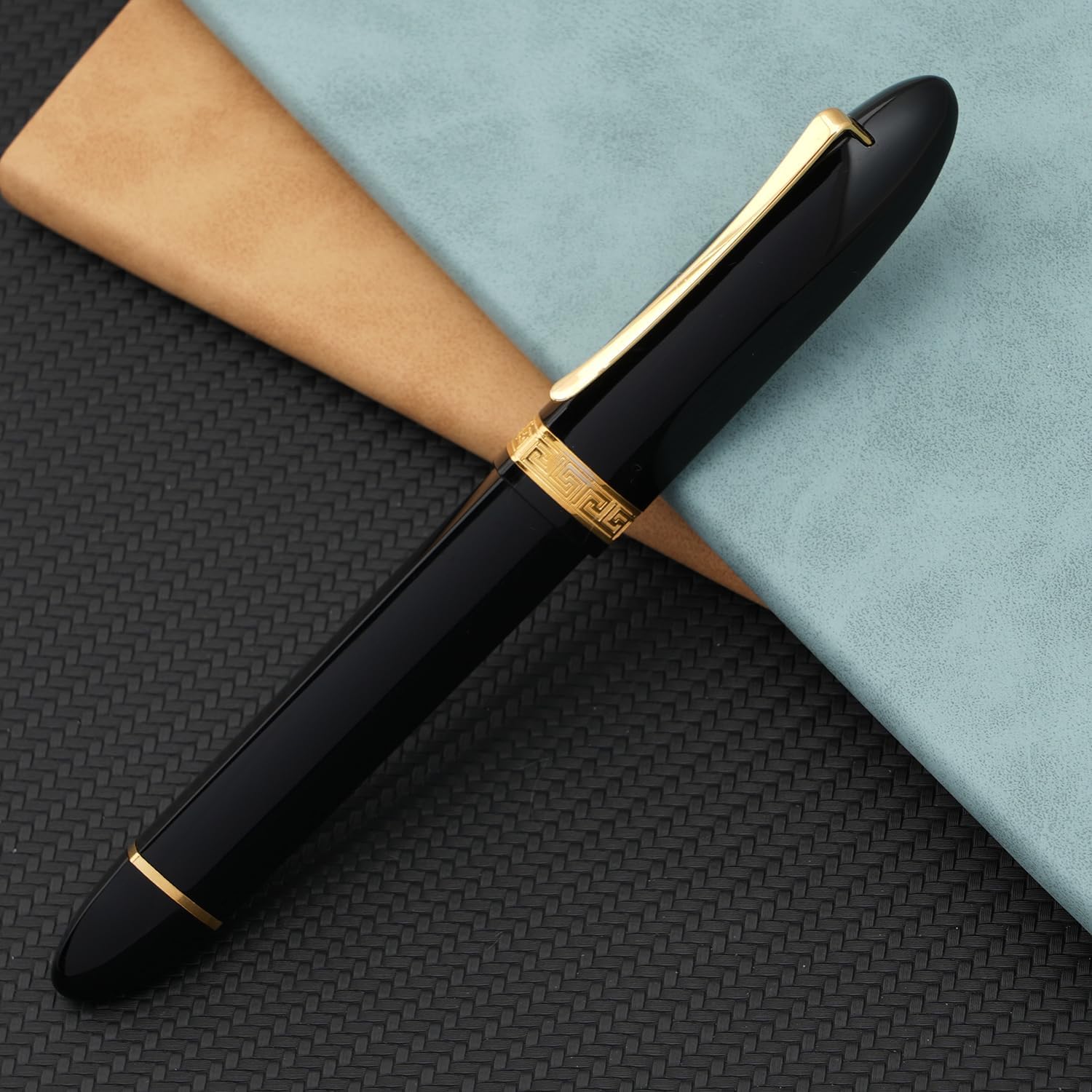 Majohn V60 Triangular Piston Fountain Pen EF Nib, Black Golden Resin Writing Office Pen with Gift Box