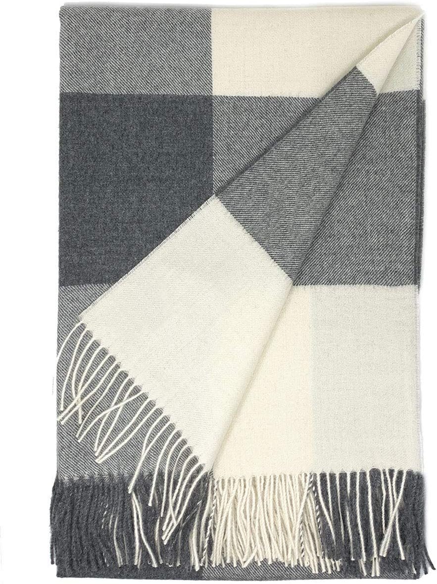 | Cheeky Checks Alpaca Throw Blanket | 100% Baby Alpaca Wool | 6.6 Feet Long X 4.25 Feet Wide | Hypoallergenic, Soft & Cozy (Grey Matter)