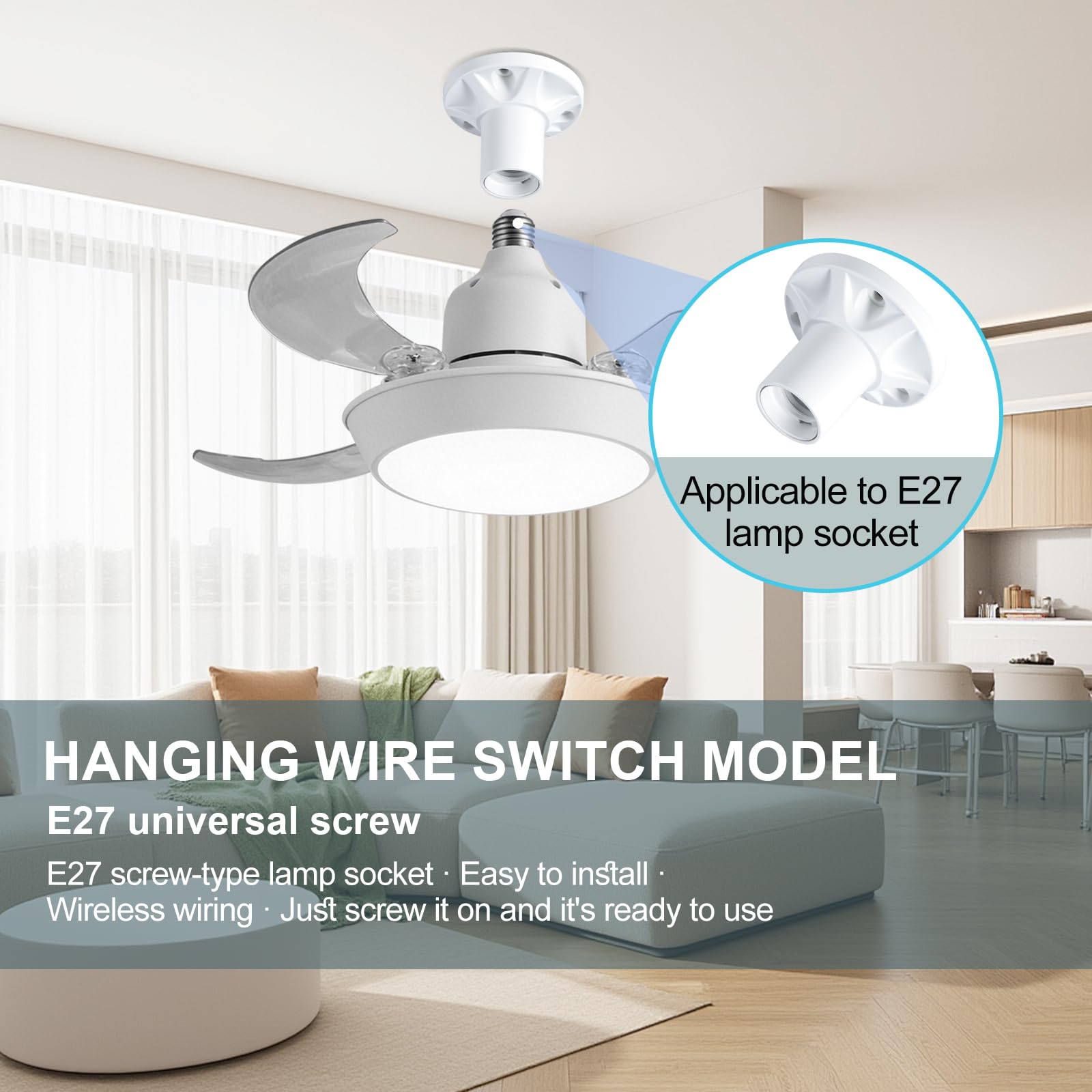 IERAKOR Ventilador de Techo con Luz E27, 42CM Lámpara LED, Silencioso | Sin Instalación, LED 33W Regulable, 3 Velocidades, Aspas Ocultas Seguras, Ideal para Refrescar Dormitorios o Cocinas Pequeñas