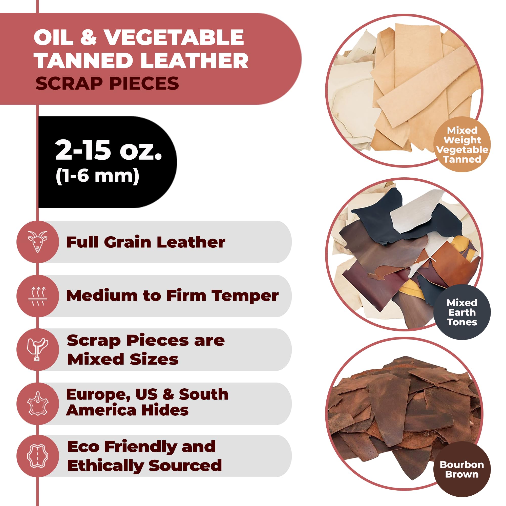 ELW - Restos de cuero curtido vegetal | Peso resistente de 2 a 6 onzas | Tamaño: 2 libras | Remanentes de cuero de vaca genuino de grano completo para bricolaje, manualidades, trabajo de cuero,