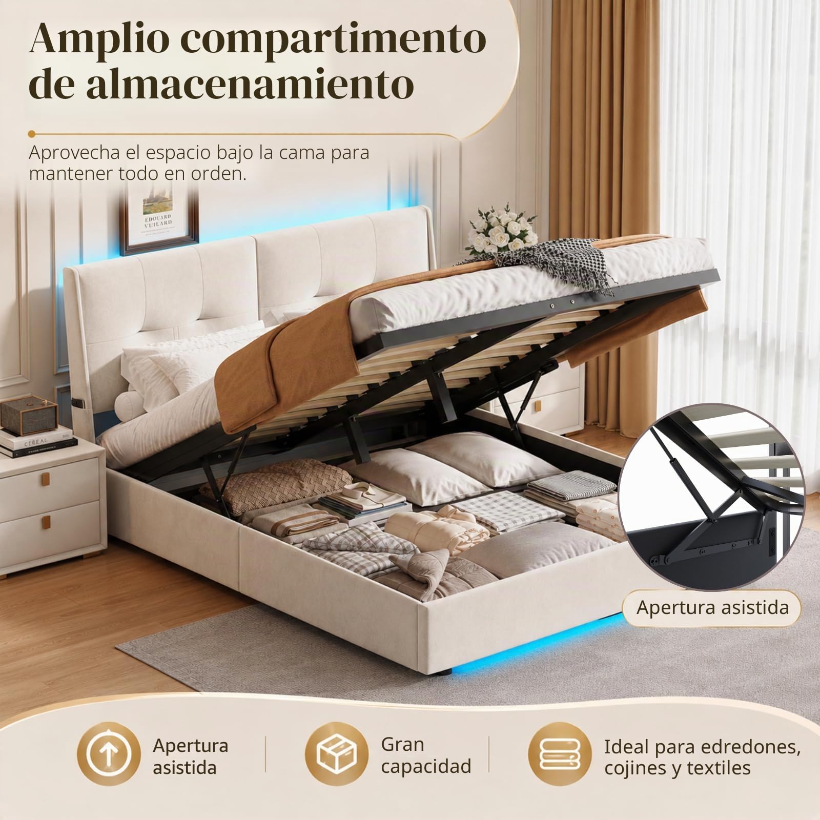 Cama Acolchada De Matrimonio 160 X 200 Cm, Estructura Para Cama Con LED, Almacenamiento De Elevación Hidráulica, Respaldo Cómodo, Somier De Láminas, Franela Beige