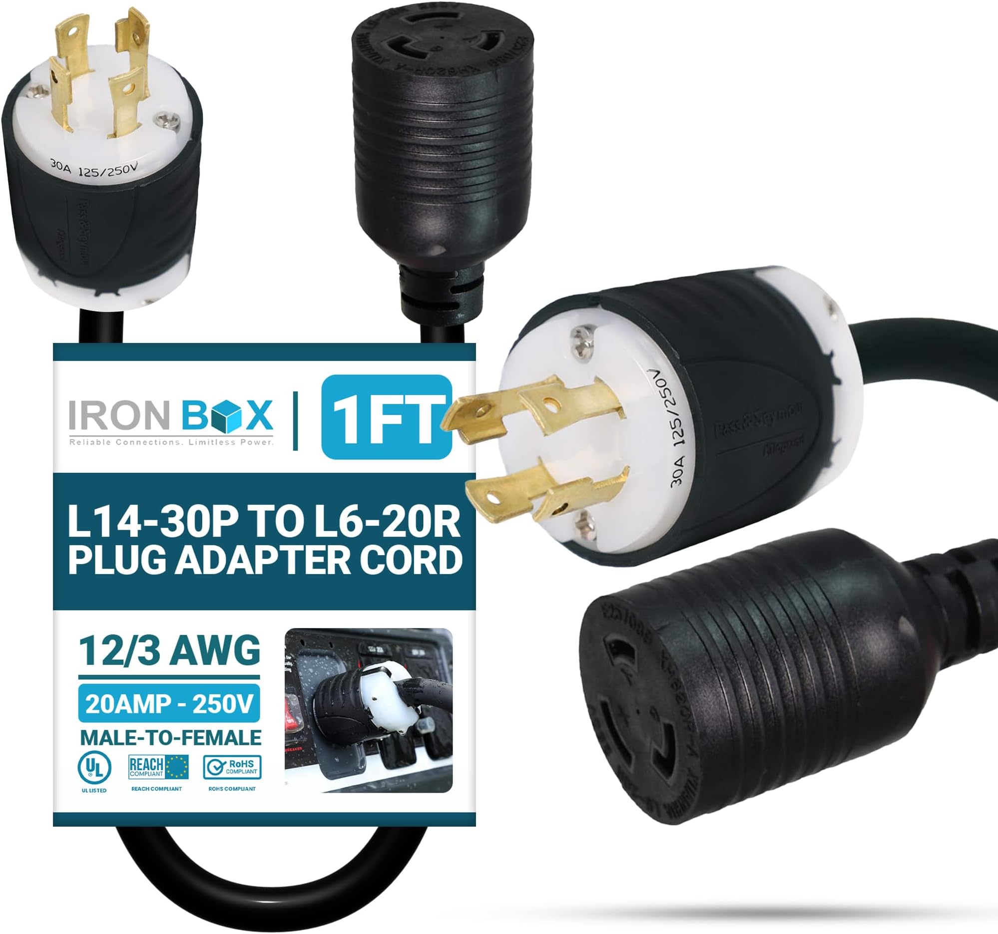 IronBox Electric - NEMA L14-30P to L6-20R Plug Adapter Cord - Rated for 20A, 250V - 12/3 AWG Wire - Power Cable for Generators, RV, Electrical Equipment - Ideal for Indoor/Outdoor Use (1 Foot, Build)