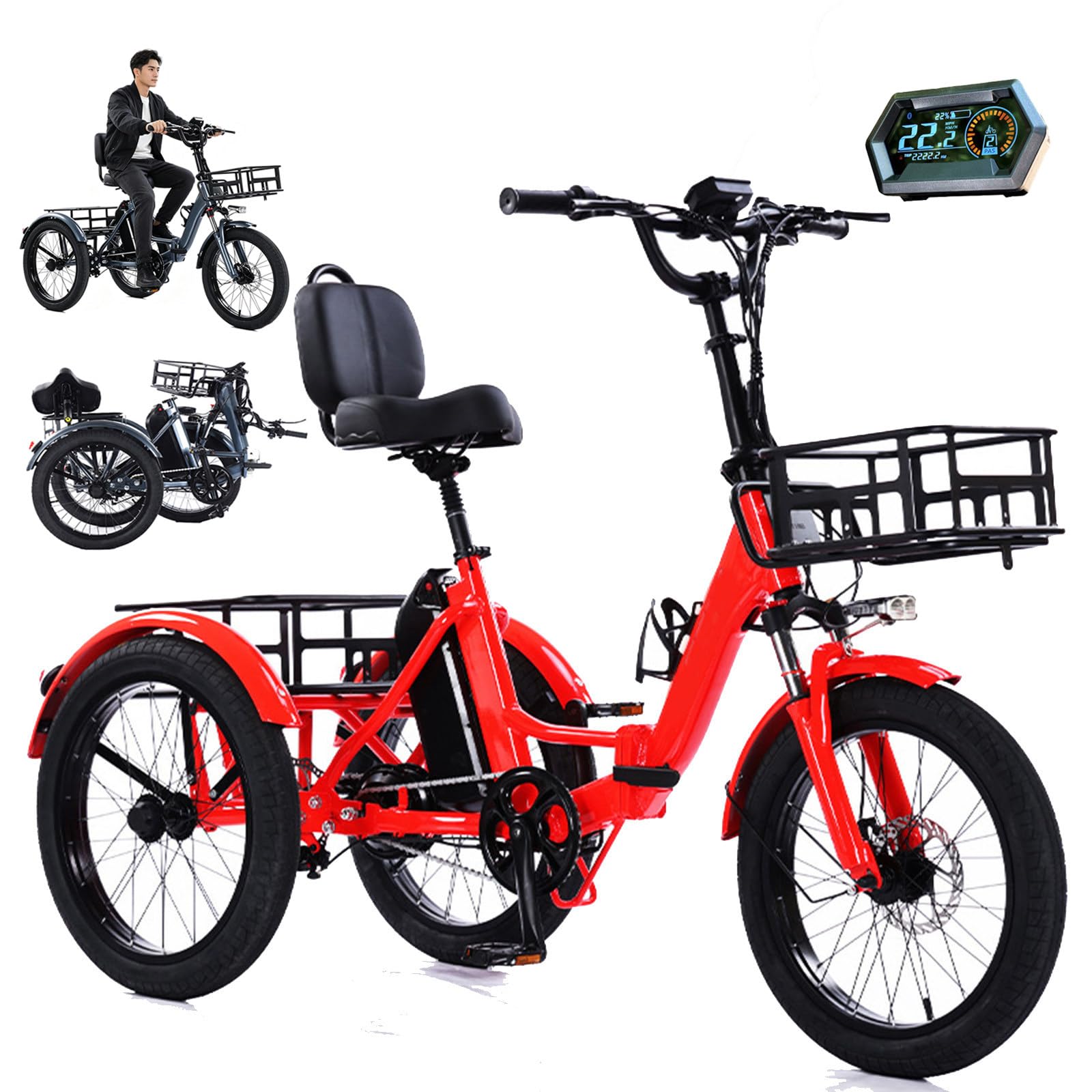 20 Inch Electric Tricycle Foldable 3 Wheel E Bike Tricycle Adult Cargo Electric Trike,Front and Rear Basket, LCD Screen, 48V 13Ah Battery - 45km Range, 200kg Load Capacity, For Elderly, Aldult A
