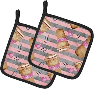 Caroline's Treasures BB7538PTHD Watercolor Coffee and Paper Clips Pair of Pot Holders Kitchen Heat Resistant Pot Holders Sets Oven Hot Pads for Cooking Baking BBQ, 7 1/2 x 7 1/2