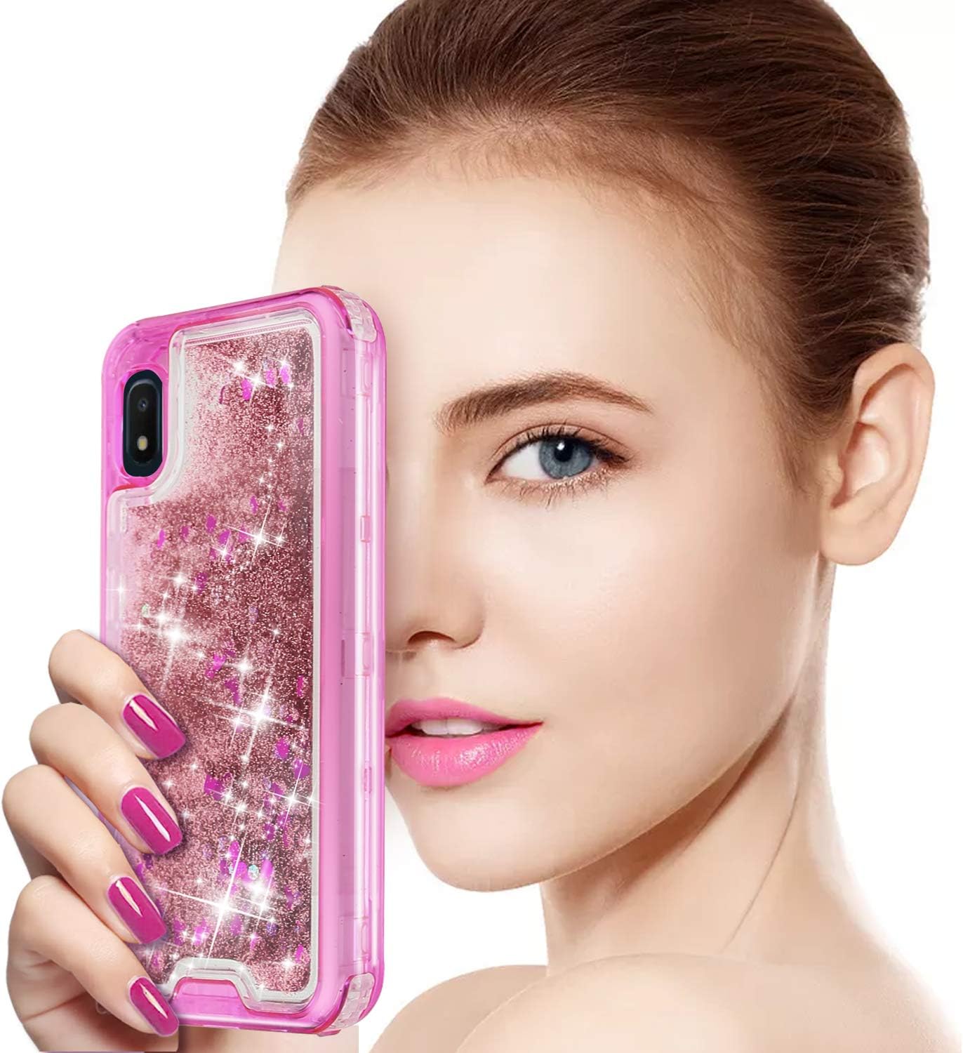 TJS Phone Case Compatible with Samsung Galaxy A10E 5.8" (Not Fit Galaxy A10/M10), Transparent Liquid Glitter Snap On Hybrid Moving Quicksand Bumper Armor Drop Protector Cover (Pink)