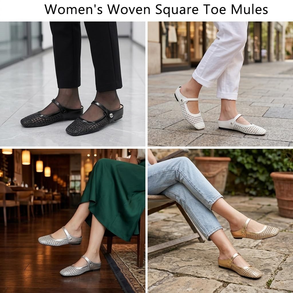 Ballerine Da Donna In Rete, Scarpe Basse Casual Intrecciate Con Punta Quadrata Da Donna, Zoccoli Estivi Eleganti Senza Schienale Alla Moda