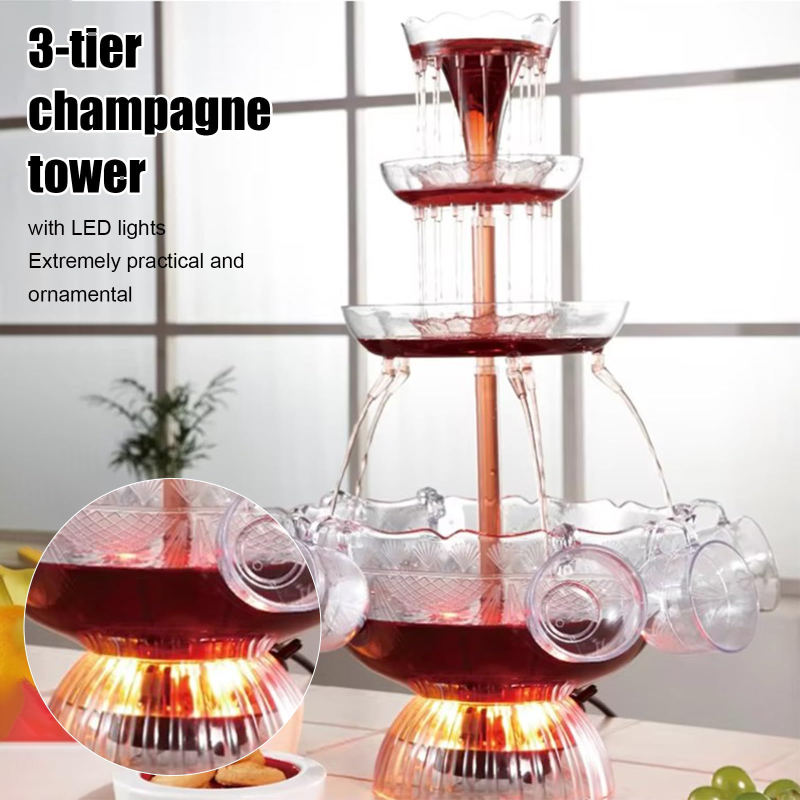 3-stufiger klarer Partybrunnen, Partybrunnen mit 5 wiederverwendbaren Bechern, LED-beleuchteter Sockel, Saft Und Weinbrunnen Trinkbrunnen für Kneipen, Hauspartys und Geburtstagsfeiern