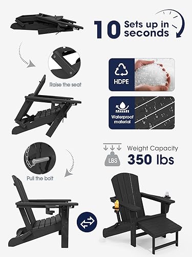 Miniatura 6 de KINGYES Silla Adirondack plegable ajustable con otomana retráctil, silla reclinable Adirondack de polietileno de alta densidad con soporte para Negro
