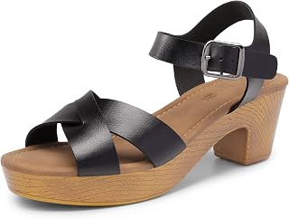 Women's Platform Chunky Heels Faux Wood Block Heels Cute Open Toe Ankle Strap Crisscross Mid Heels Wedding Party Dance Pump Sandals Shoes