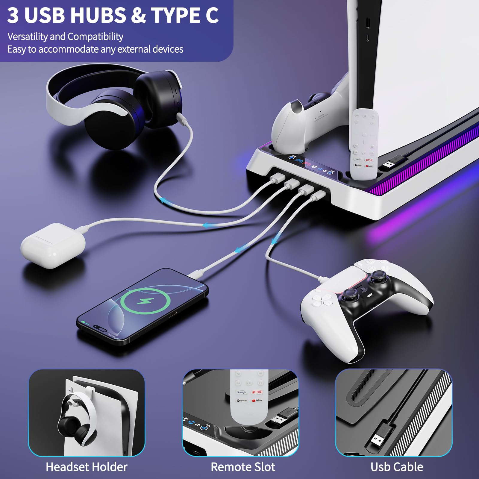 Stazione di raffreddamento per PS5/Slim/Pro, stazione di ricarica RGB compatibile con PlayStation 5 Ventola di raffreddamento integrata a 3 livelli e caricabatterie doppio controller PS5, supporto con