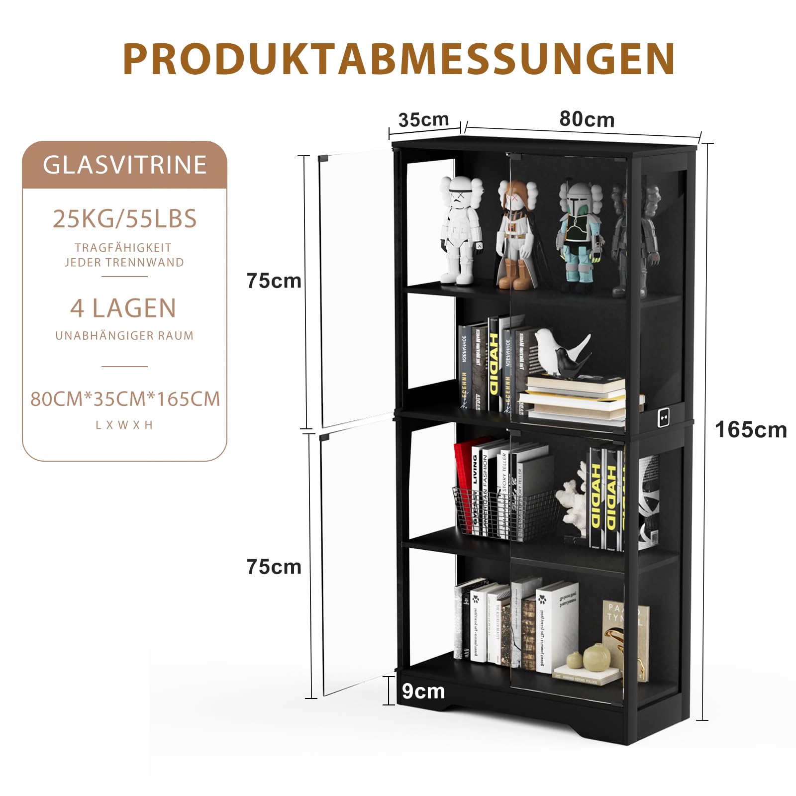 Vetrinetta in vetro con illuminazione LED e sensori intelligenti, vetrina a 4 livelli per collezioni, per soggiorno, camera da letto e ufficio, nero, 80 x 35 x 165 cm
