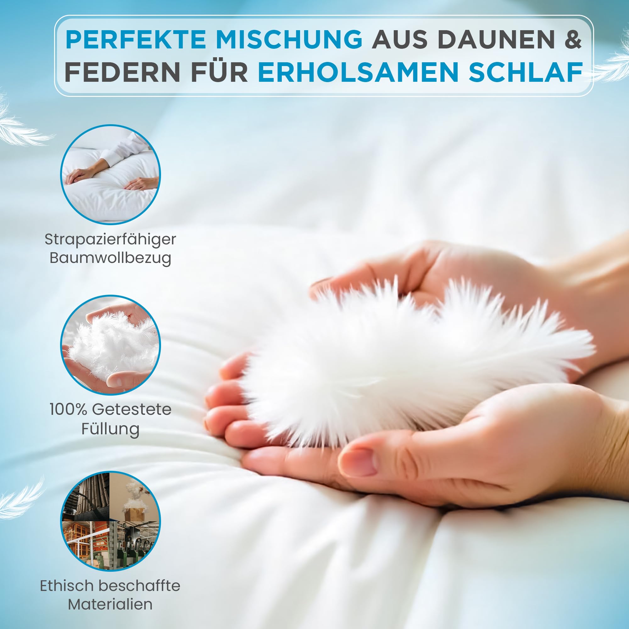 50% Daunen 50% Federkissen 80x80cm - Daunenkissen 80x80 Ultra Komfort, Ideale Mischung aus Daunen und Federn, Bezug aus 100% Reiner Baumwolle, Öko-Tex Zertifiziert- 1500 gr