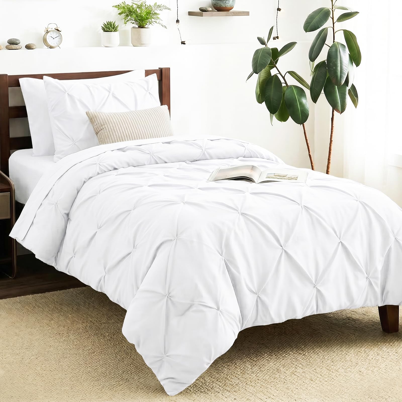 CozyLux Twin Comforter Set with Sheets White, 5 Pieces Pintuck Bed in A Bag, All Season Bed Set Gift for Girls and Boys, Pinch Pleat Bedding Set with Comforter, Sheets, Pillowcase & Sham